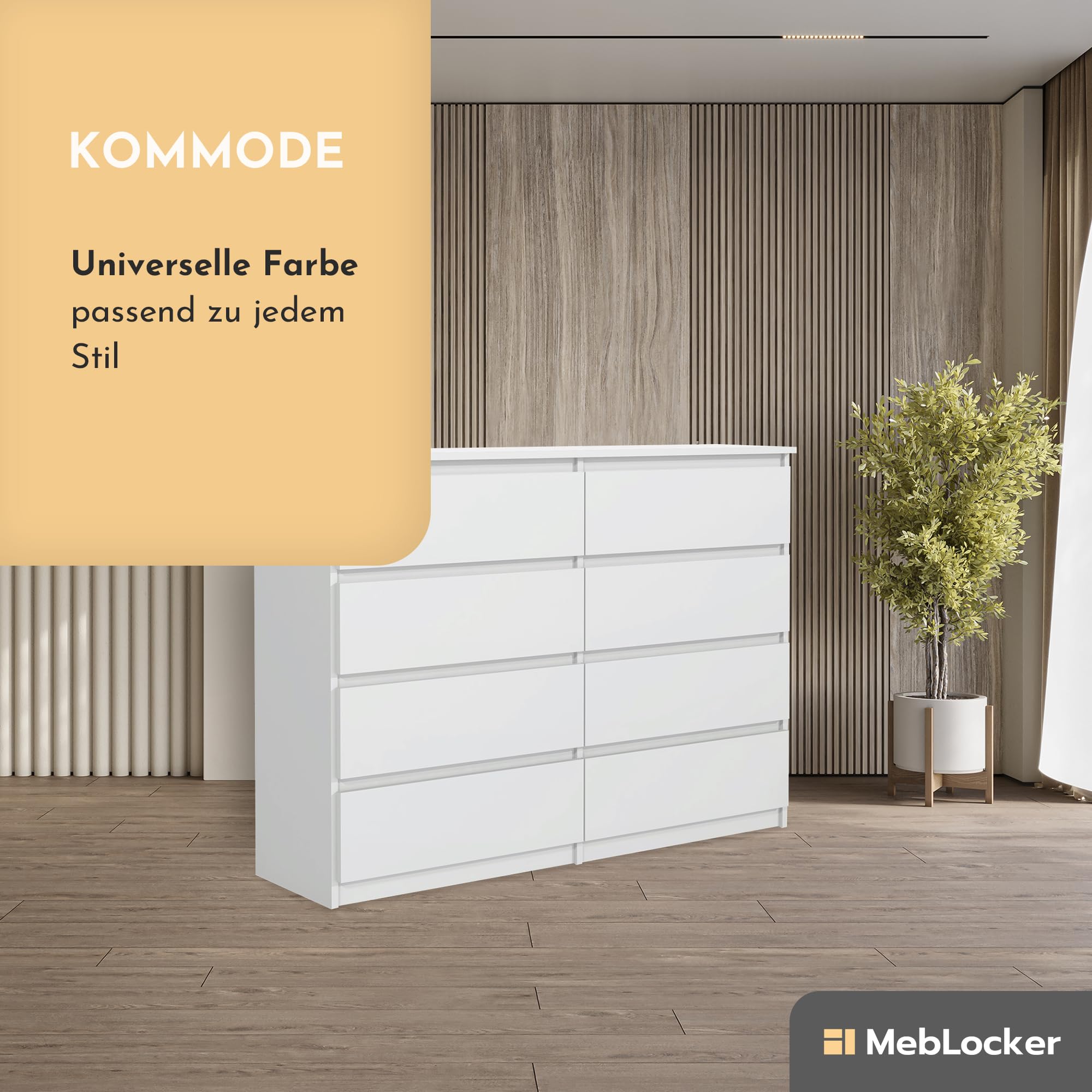 Commode 8 Tiroirs Blanc 120 cm - Design Minimaliste - 120 x 39 x 78,5 cm - Meuble de Rangement Spacieux pour Chambre, Salon ou Bureau