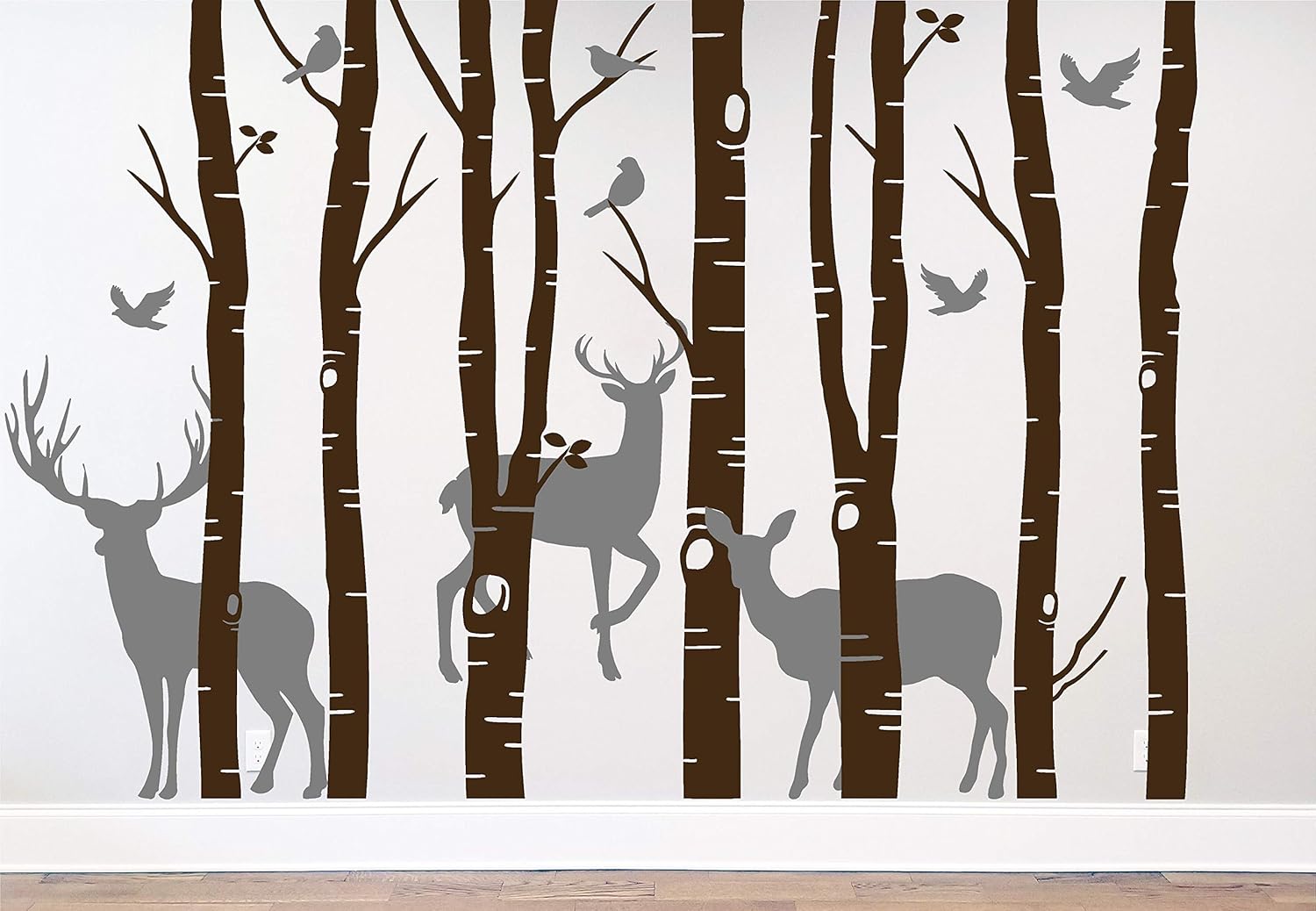 Birch Tree Branches Forest Birds Winter Deer Silhouette Wall Decal Sticker Nature Woods Scene