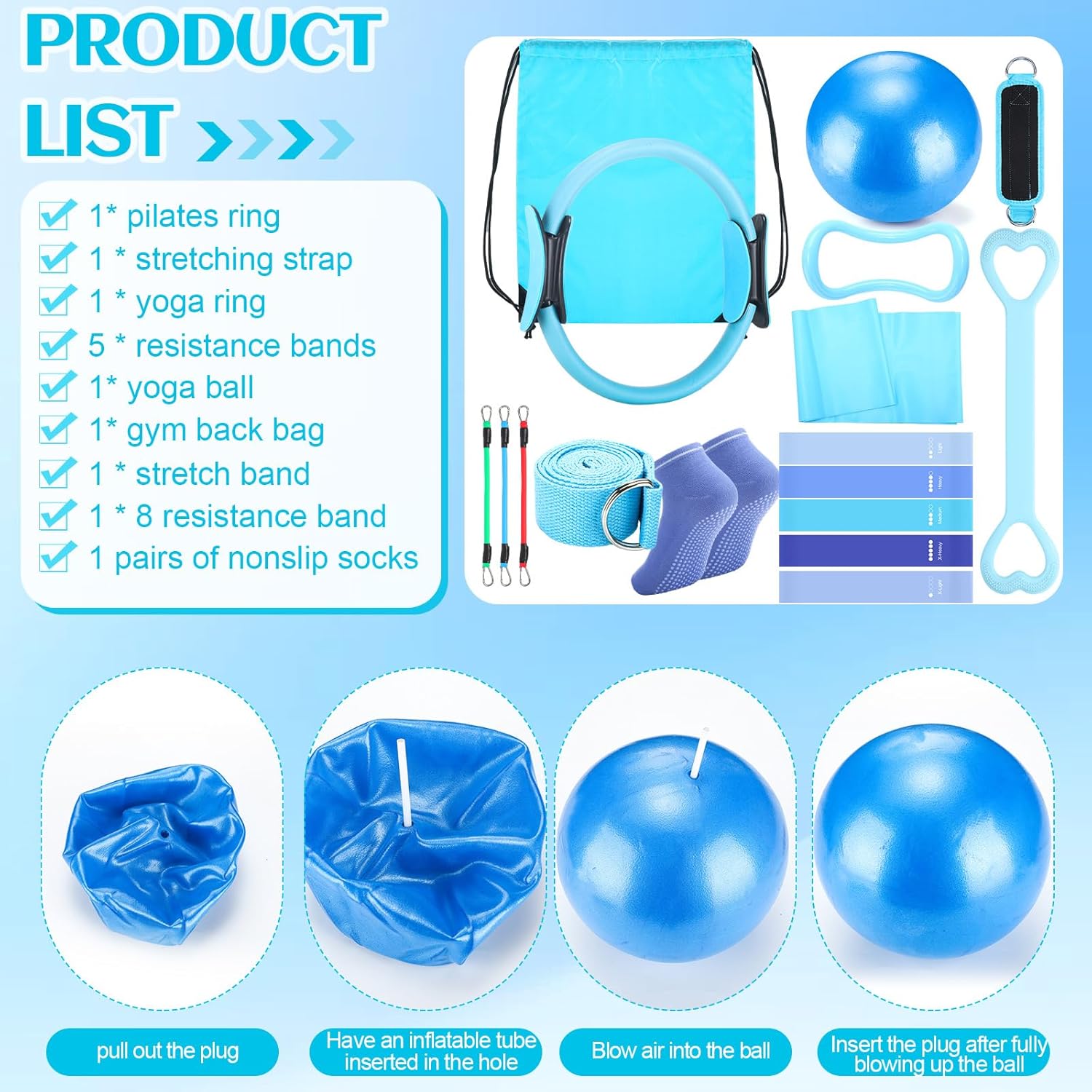 RoundFunny Pilates Ring Circle Set 18 Pcs Exercise Equipment Accessories for Women Workouts Pilates Ball Stretching Strap Magic Circle Yoga Ring Gym Back Bag Resistance Band Anti Slip Socks