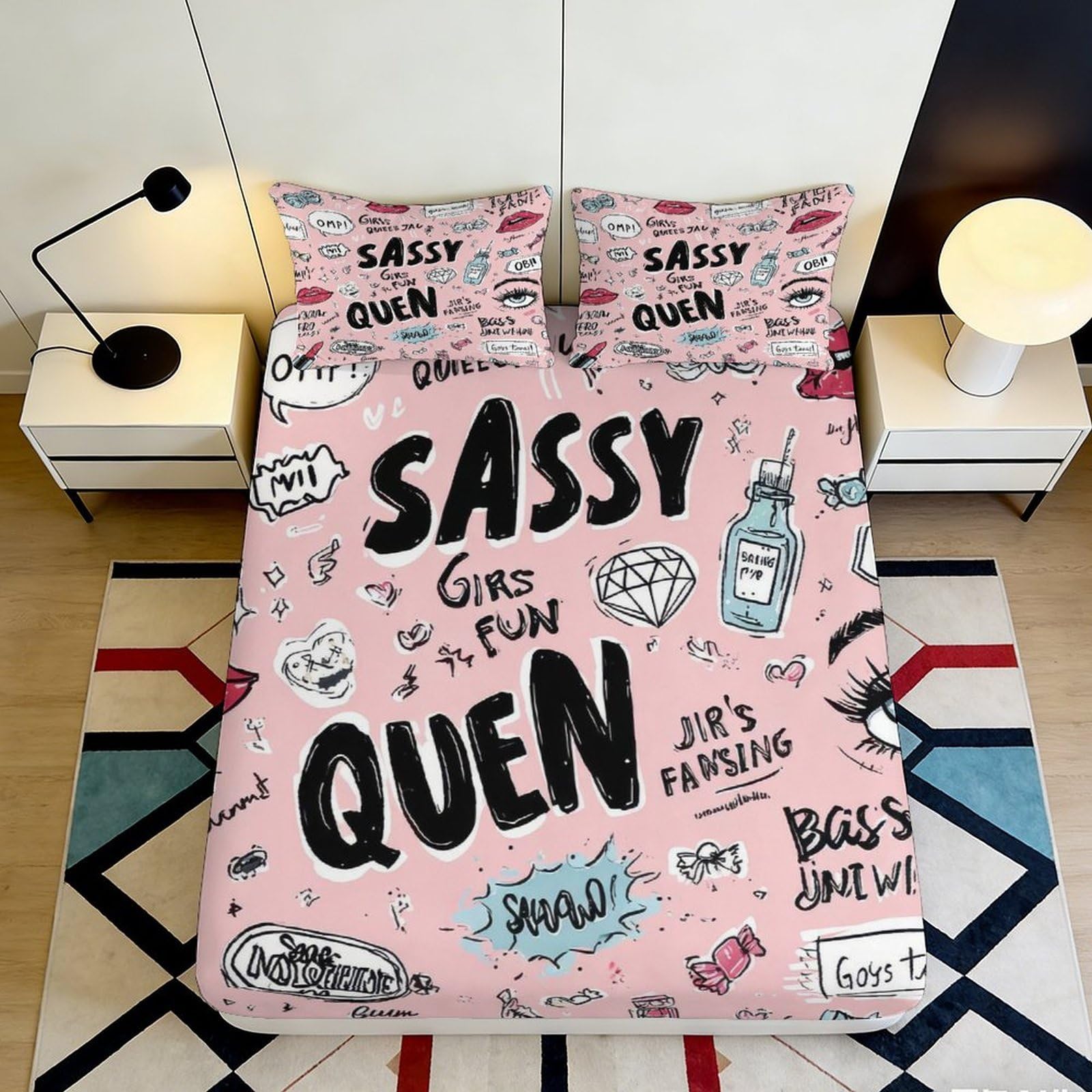 Jqzkxnhpbr Style-2 3D Printed Sassy Graffiti Fitted Sheet Microfiber Pink Cartoon Queen Bed Cover For Bedroom Dorm Room Decor Mattress Protection 90X200x25cm
