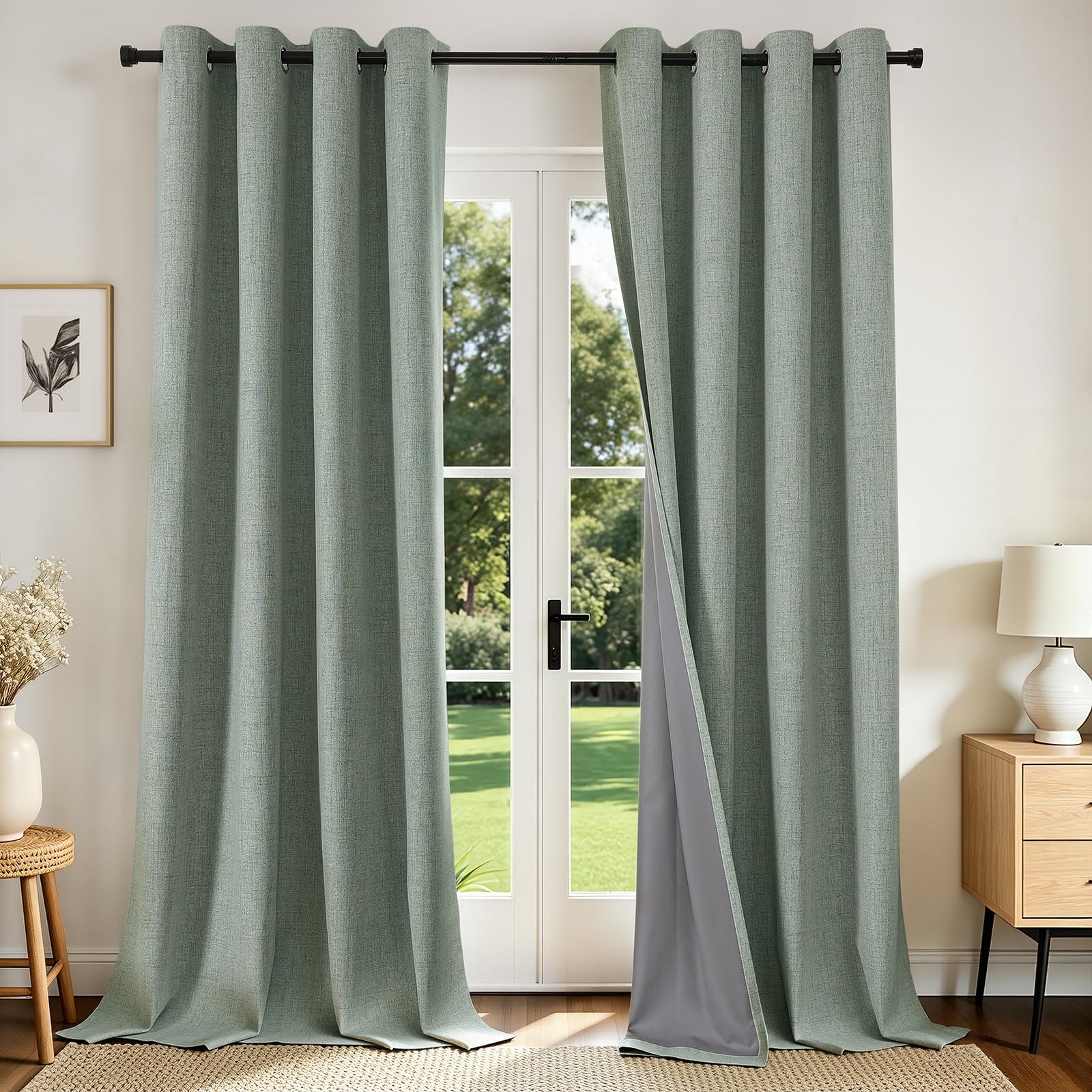 Joydeco Sage Green Curtains for Living Room 108 Inch Length, Linen 100% Blackout Curtains 2 Panels Set, Grommet Room Darkening Curtains for Living Room (52x108 inch, Sage Green)