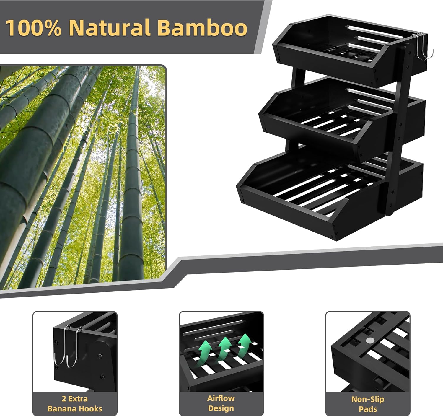 Bamboo 3 Tier Fruit Basket For Counter, Large Capacity Fruit Storage Countertop, Fruit Holder, Wooden Pantry Organizers and Storage, Kitchen Countertop Organizer With Two Banana Hangers (Black) - Image 6