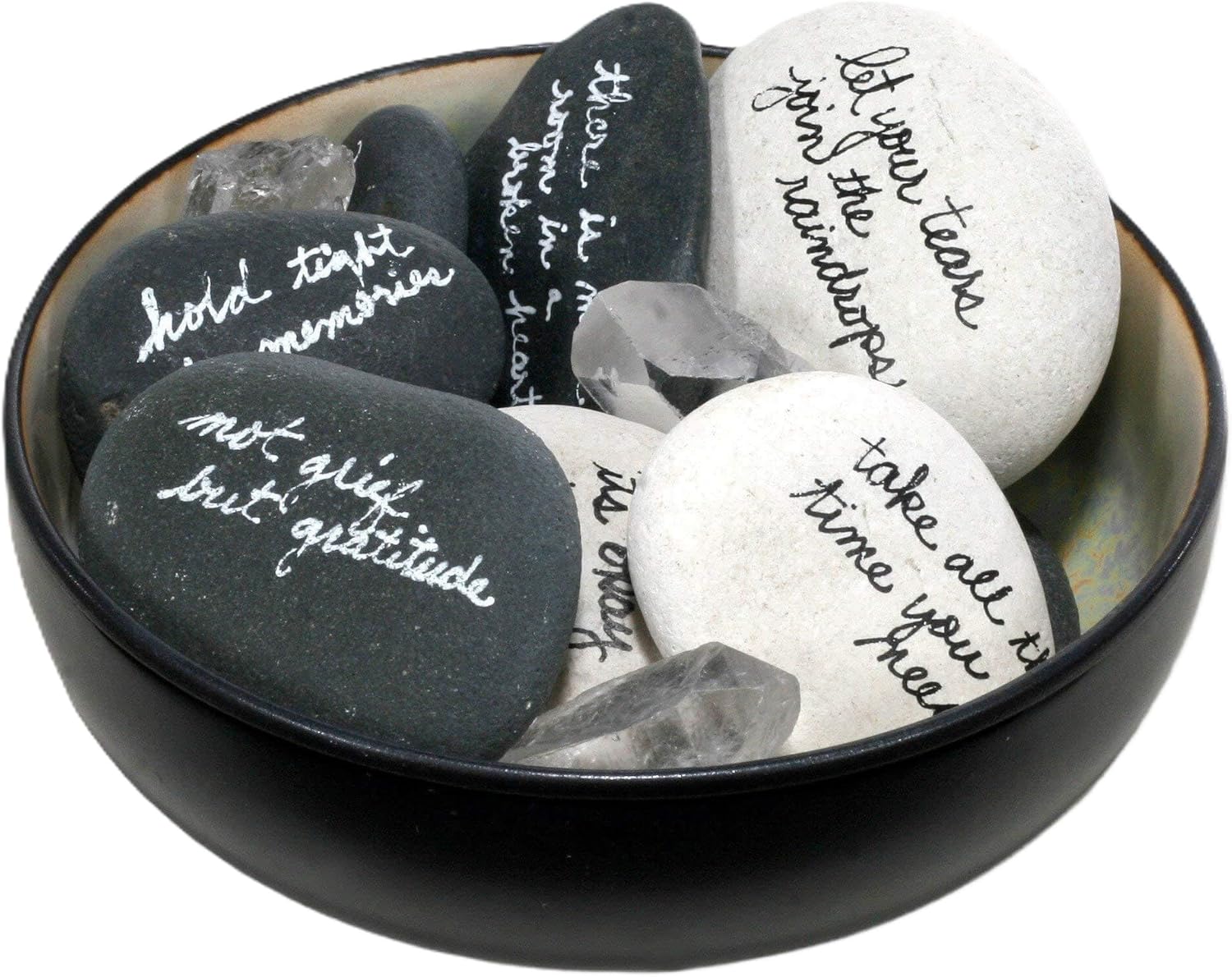 THE ORIGINAL COMFORT BOWL Handcrafted Japanese Ceramic Bowl with 11 Handwritten Quotes about Grieving and 2 Quartz Crystals