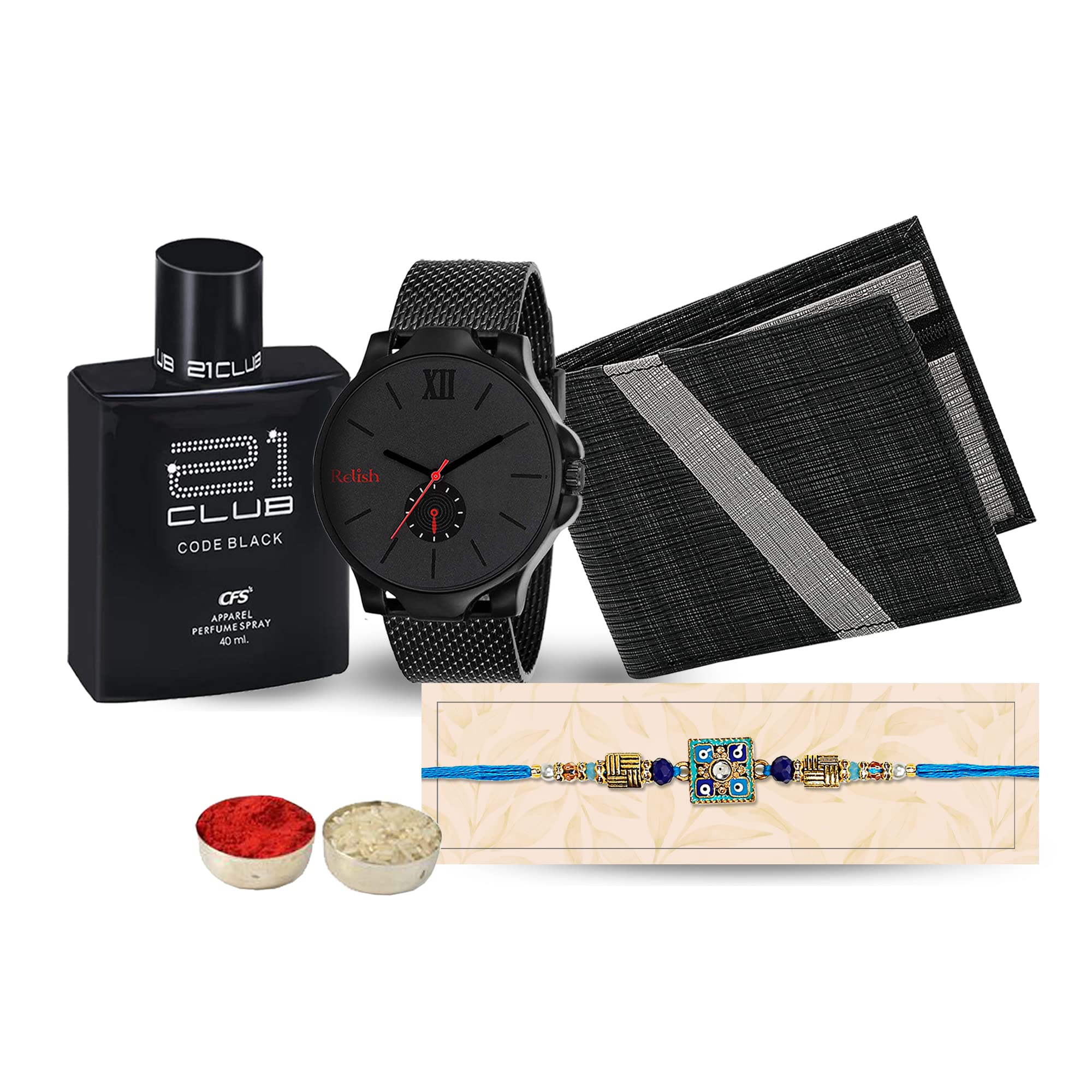 Relish Analogue Black Mens Watch & Perfume for Men and Black Wallet, Rakhi, | Rakhi Combo for Brother | Gift Combo Set for Bhaiya (B0C5MFG7BM) Amazon Price History, Amazon Price Tracker