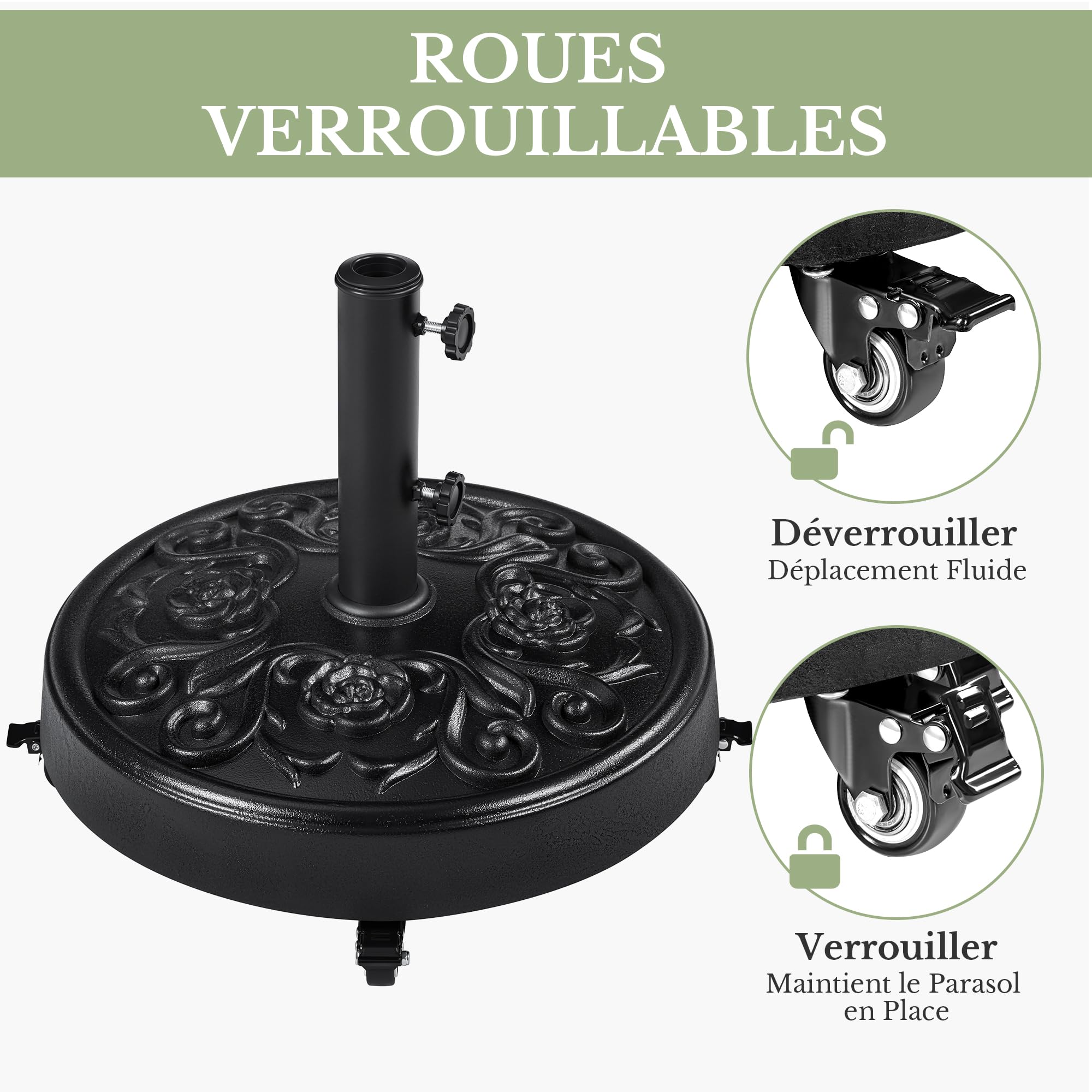 Yaheetech Pied de Parasol à roulettes 25 KG, Base de Parasol Vintage à Motif Rose pour Mât de Ø 34mm/38mm/48mm du Parasol, Support Pied Parasol pour Jardin, Terrasse, Plage (Noir)