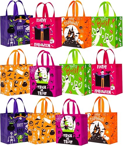 WRAPAHOLIC Paquete de 12 bolsas de Halloween para truco o trato  10.5 x 5 x 10.5 pulgadas  Fantasmas, murciélagos, arañas, bolsas reutilizables con