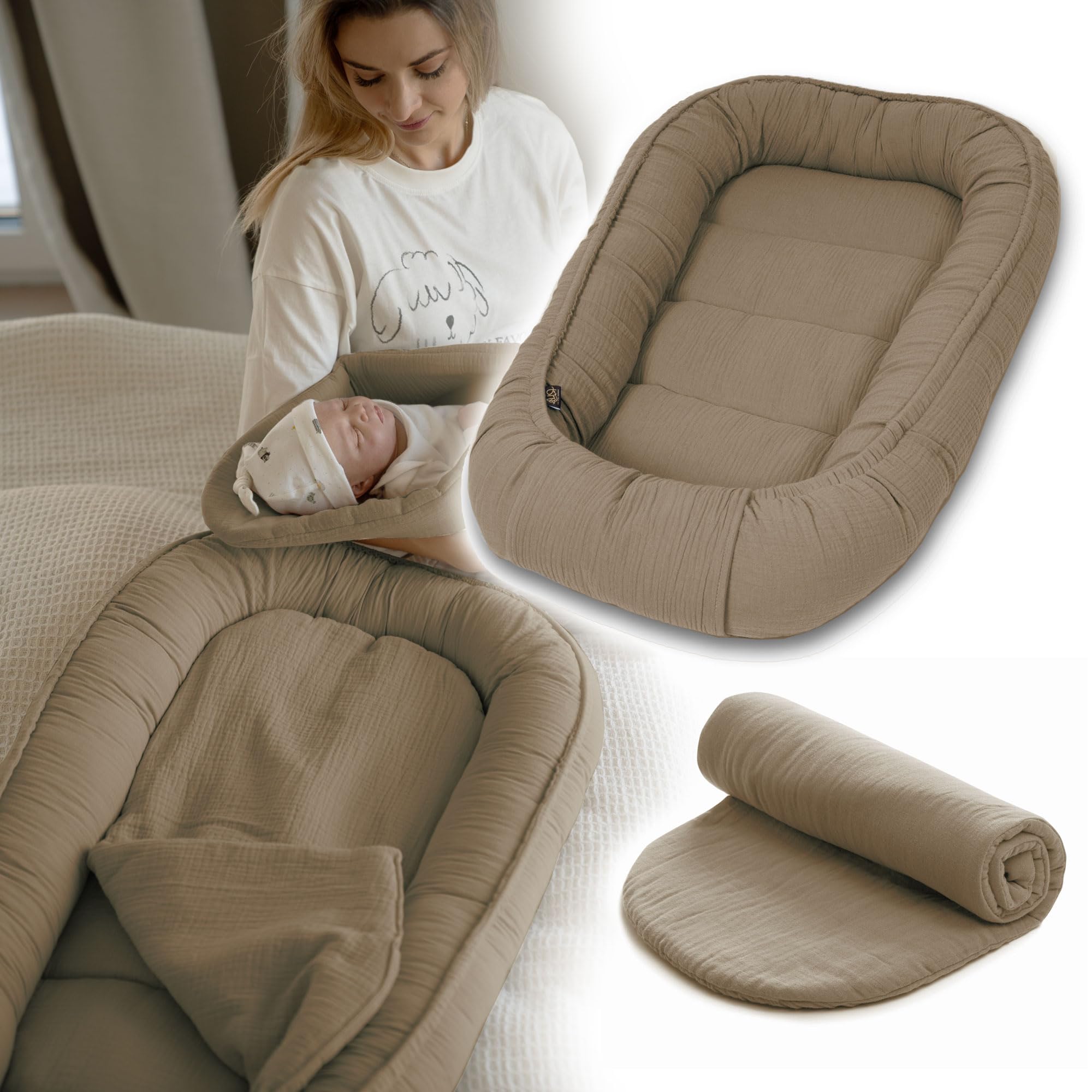 PaLulli® Nido de bebé 100x60 cm – Suave nido de muselina con colchón | Nido para dormir, capullo, cuna de viaje para recién nacidos | 100% algodón (Marrón)