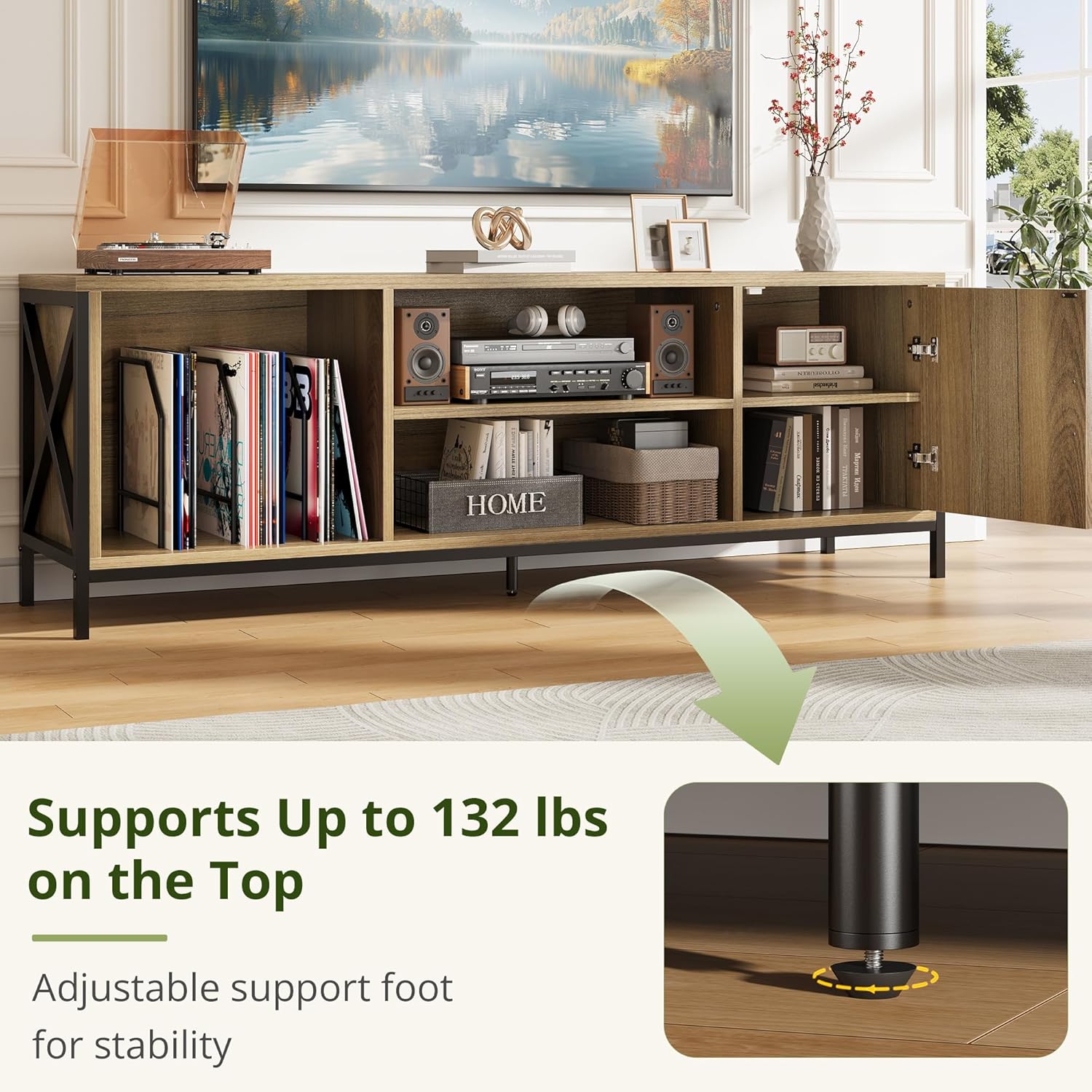 Farmhouse TV Stand for 65 70 75 Inch TVs, 63" Entertainment Center with 3-Tier Storage Shelves and Cabinet for Living Room and Bedroom