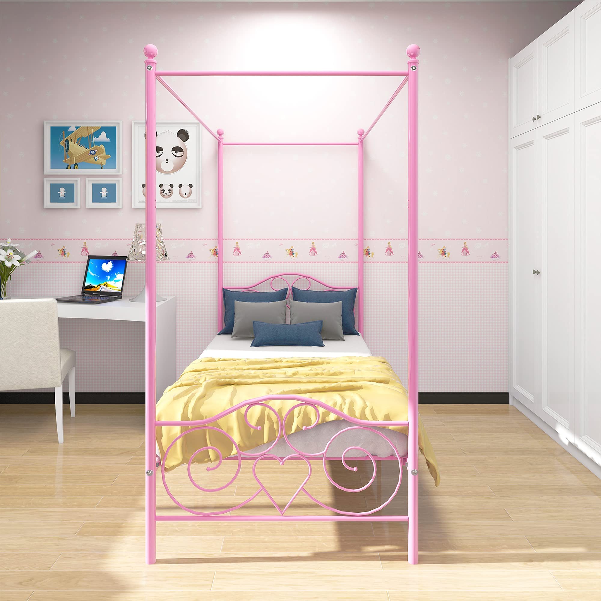 HAHRIR Twin Canopy Bed Frame Platform Twin Size Metal Bed Frame Heavy Duty Steel Slat and Support with Headboard and Footboard No Box Spring Required,Pink