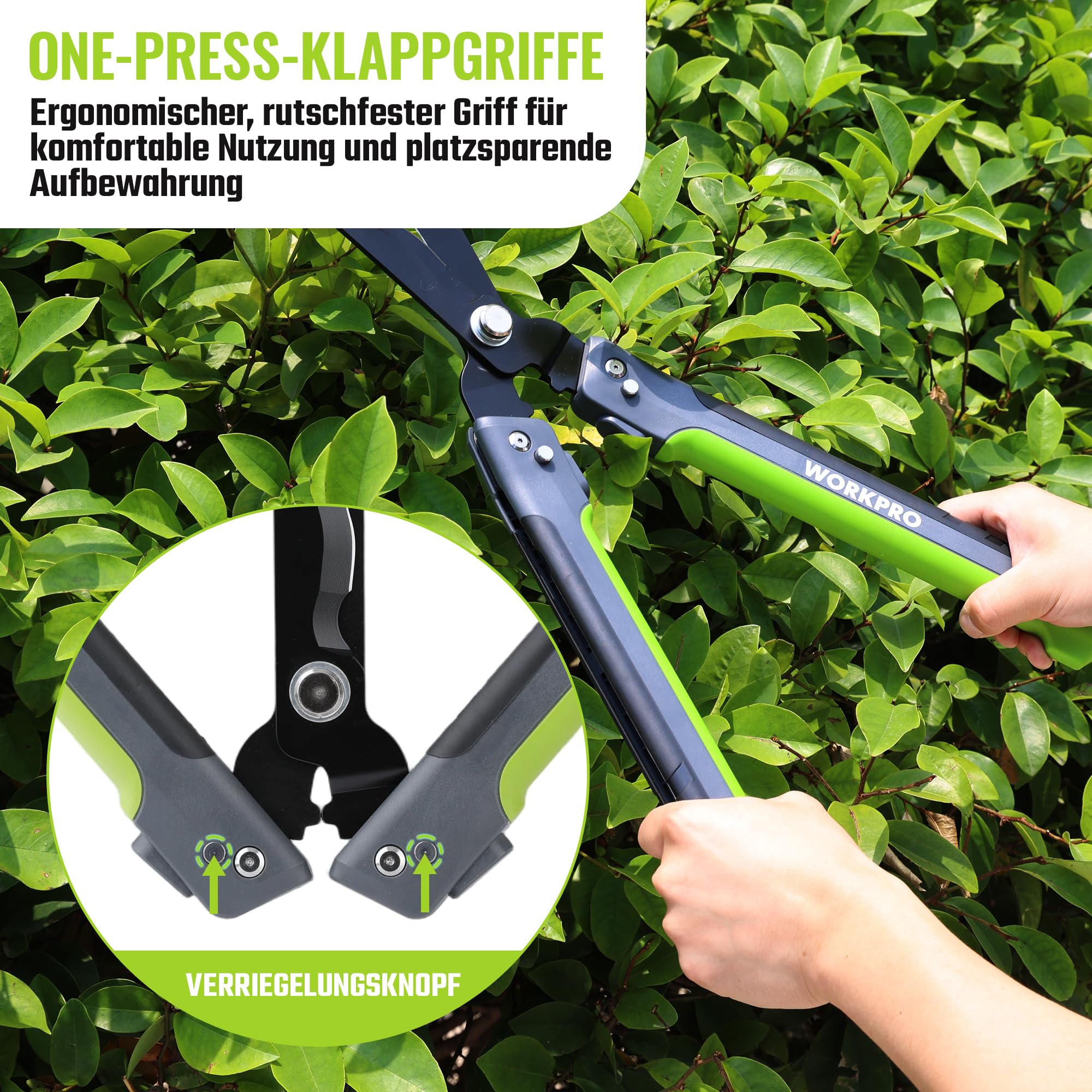 WORKPRO Heckenschere 58,5 cm mit 14° Wellenschliff, Klappbar | Ergonomische Griffe, Präziser Wellenschliff, für Hecken, Sträucher und Rasenkanten,Strauchschere, Heckenschere Manuell