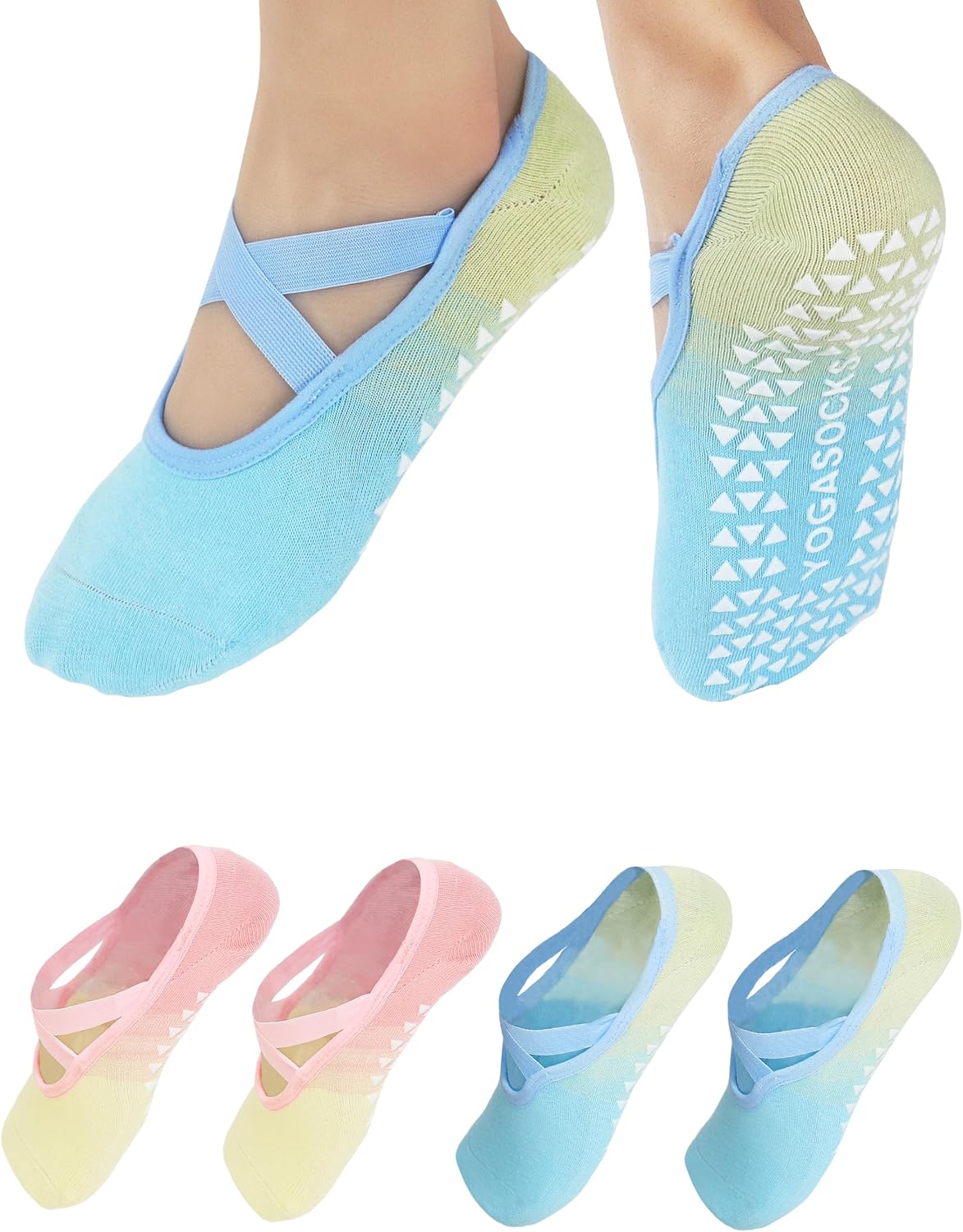 LemonGirl Womens Non-Slip Yoga Socks US 5-8 with Grips 2 Pairs Gradient Color for Pilates Barre