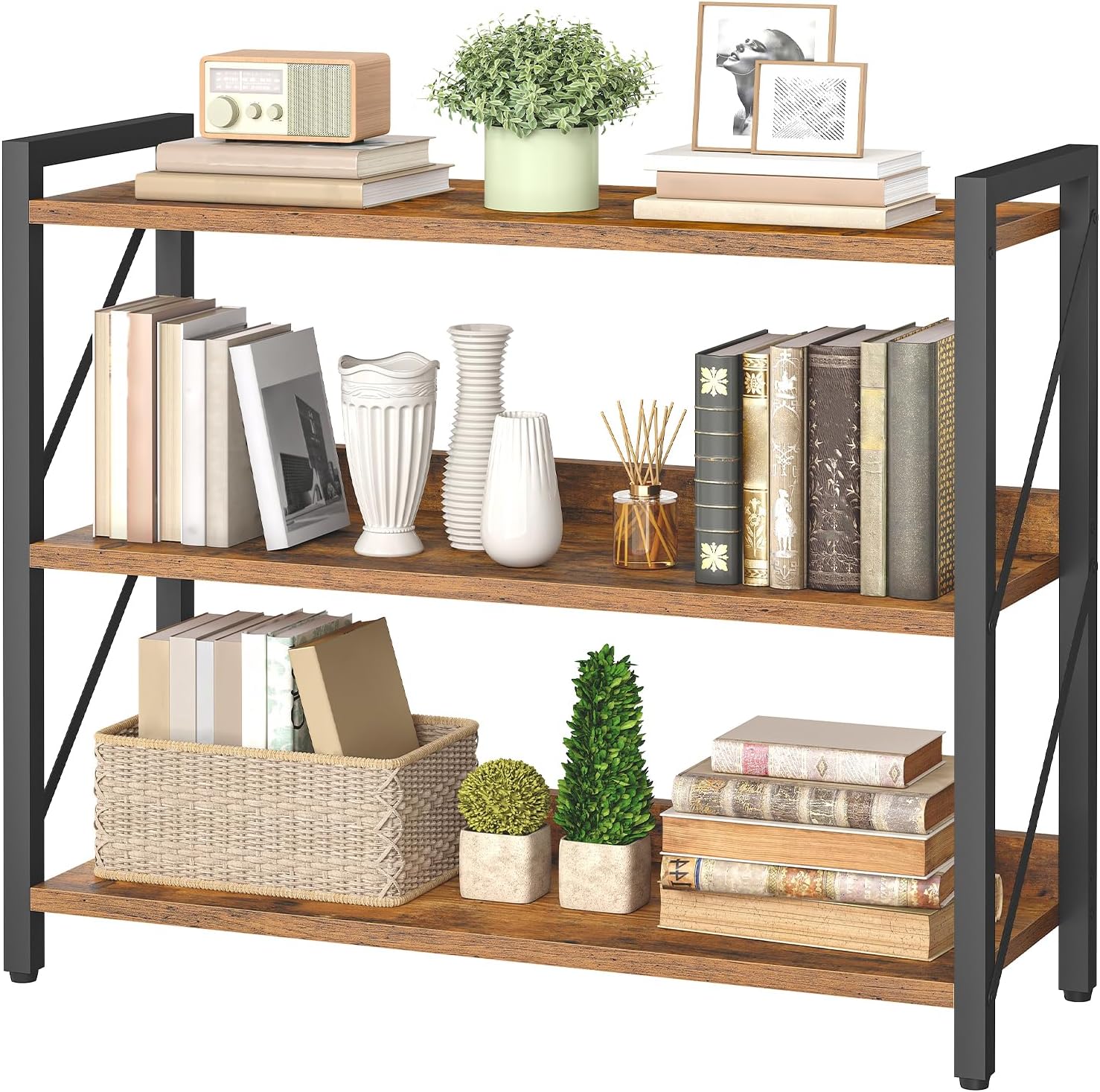 Bookshelf, 3-Tier Industrial Bookcase, Book Shelf Storage Organizer, Bookshelf with Metal Frame for Living Room, Bedroom, Home Office, Kitchen, Rustic Brown and Black BF718SJ01