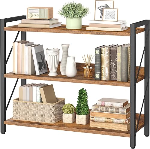 Miniatura 9 de HOOBRO Estantería industrial de 3 niveles, organizador de almacenamiento para libros, estantería pequeña con marco de metal para sala de estar,