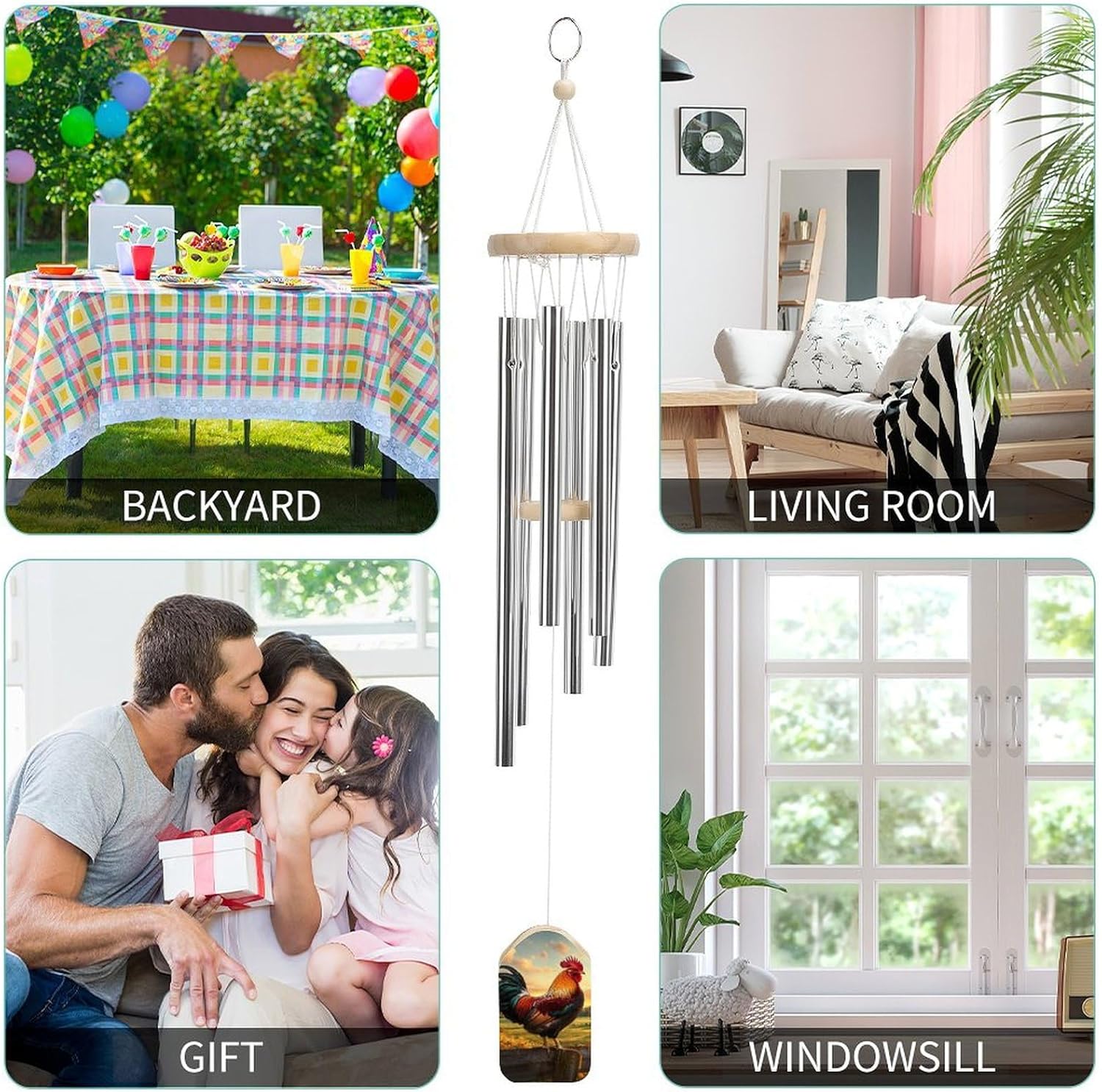 Rooster Crowing on Morning Wooden Wind Chimes Deep Tone Memorial Windchime for Outside Garden Home Decoration