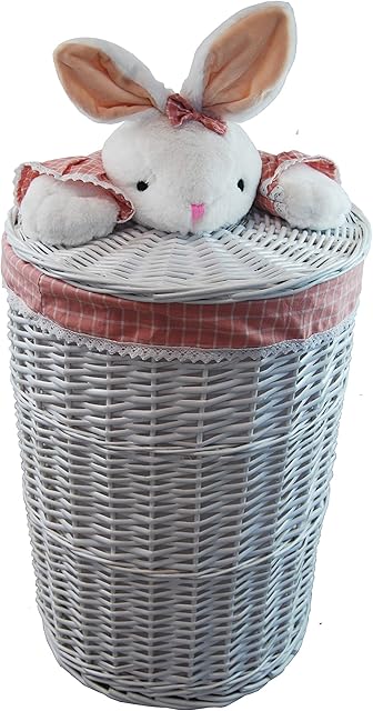 DVier Laundry Basket Wicker White Round with Lid Soft Toy Rabbit Pink Size S D.32 H.48