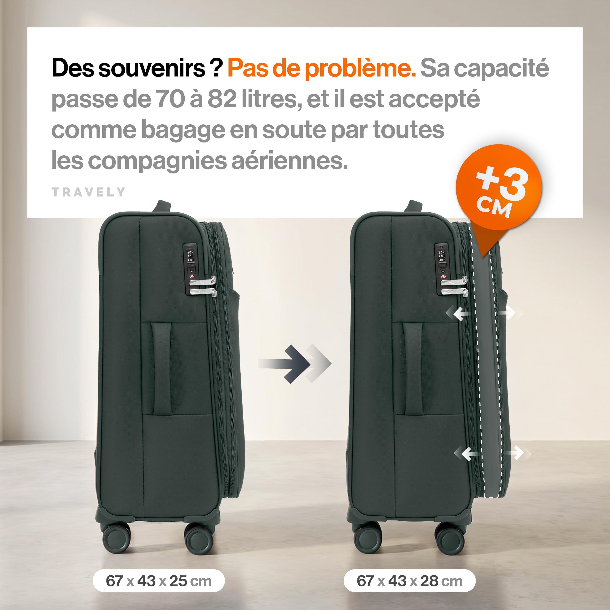 Travely Valise en Tissu L - Valise Taille Moyenne avec 4 roulettes et Cadenas TSA à Combinaison - Valise Souple avec Soufflet Extensible, fabriquée en matériau résistant à la déchirure et déperlant