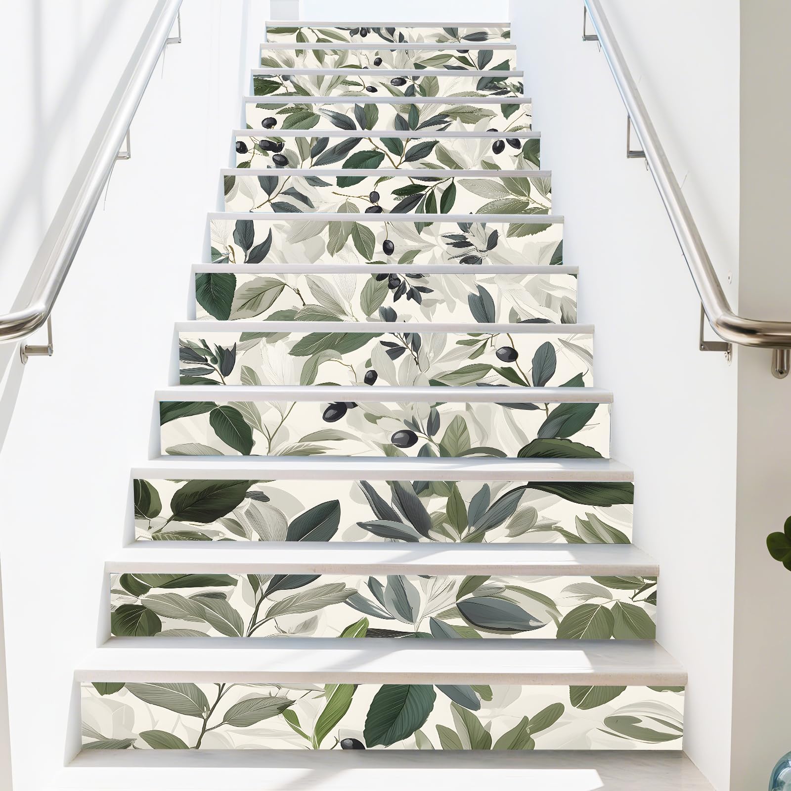 Rénover escalier facilement sans peindre grâce aux stickers bandes vinyle feuilles d'olivier