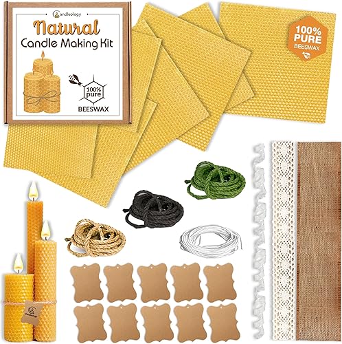 Kit de fabricación de velas de cera de abejas para principiantes, con 7 hojas de cera de abeja y múltiples decoraciones para hacer velas