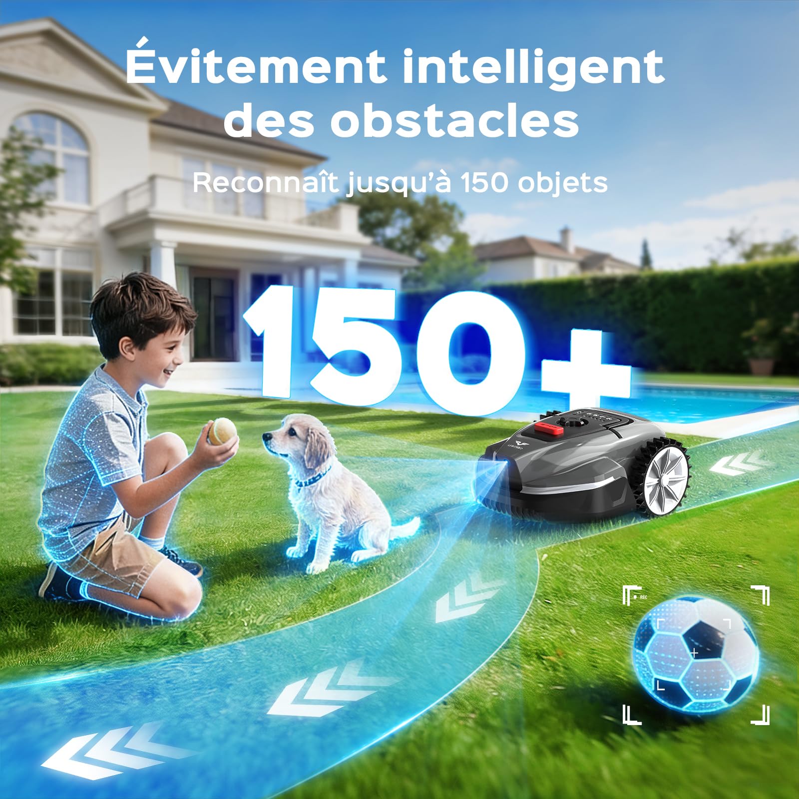 V3 Robot Tondeuse sans Câble Périphérique, Navigation Visuelle IA, Détection de 150+ Obstacles, Contrôle Via App, Moteur sans Balais, 50 DB, Bandes Magnétiques, pour Petits Jardins Plats