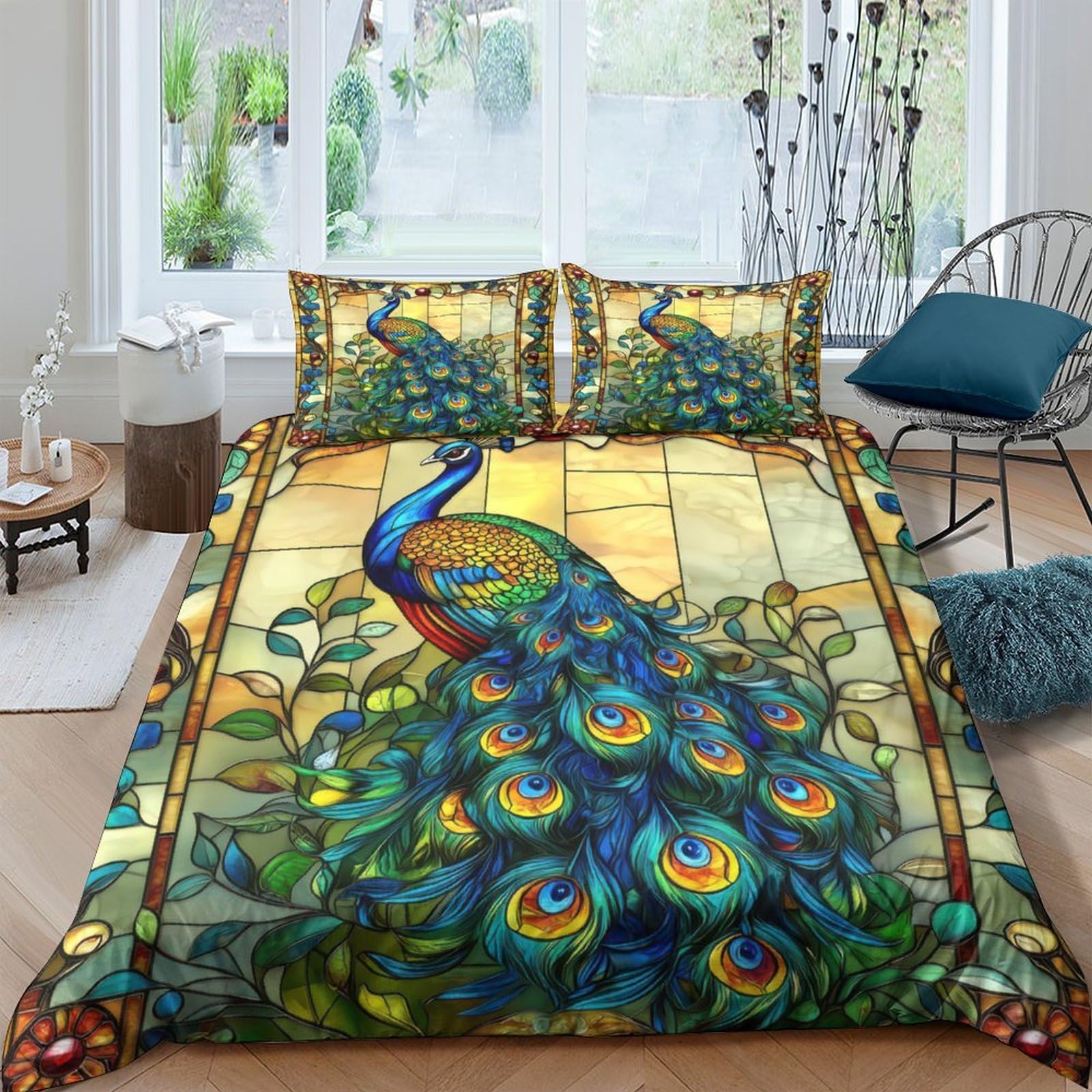 Ctjqhvkz Style-4 3D Printed Peacock Stained Glass Fitted Sheet Microfiber Soft Decorative Art Bed Sheet For Bedroom Guest Room Single（135X200cm）