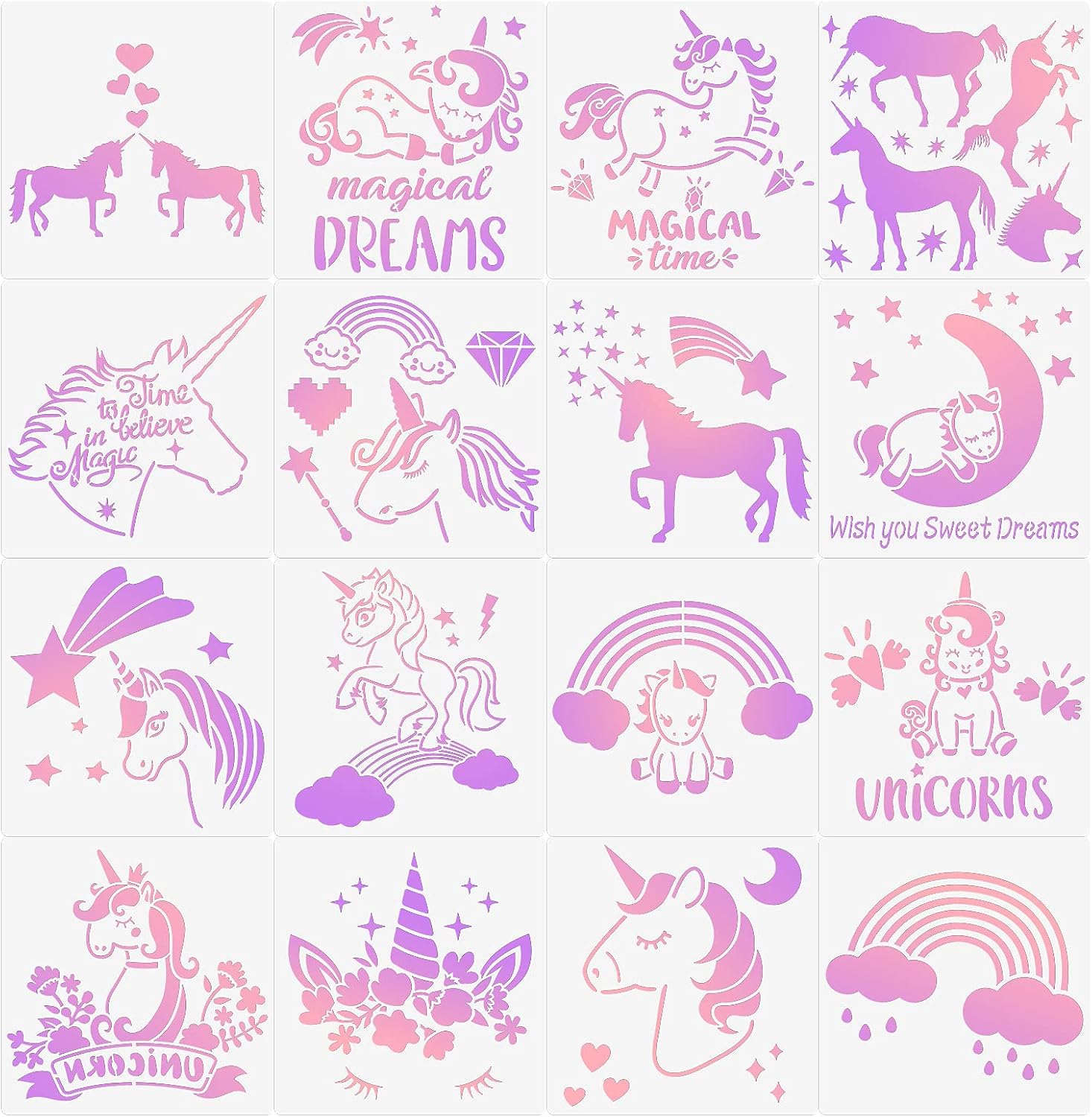 amazon com 16 pieces unicorn stencils painting reusable templates unicorn pattern craft stencils for diy scrapbooking drawing furniture wall floor decors 7 9 x 7 9 inches arts crafts sewing