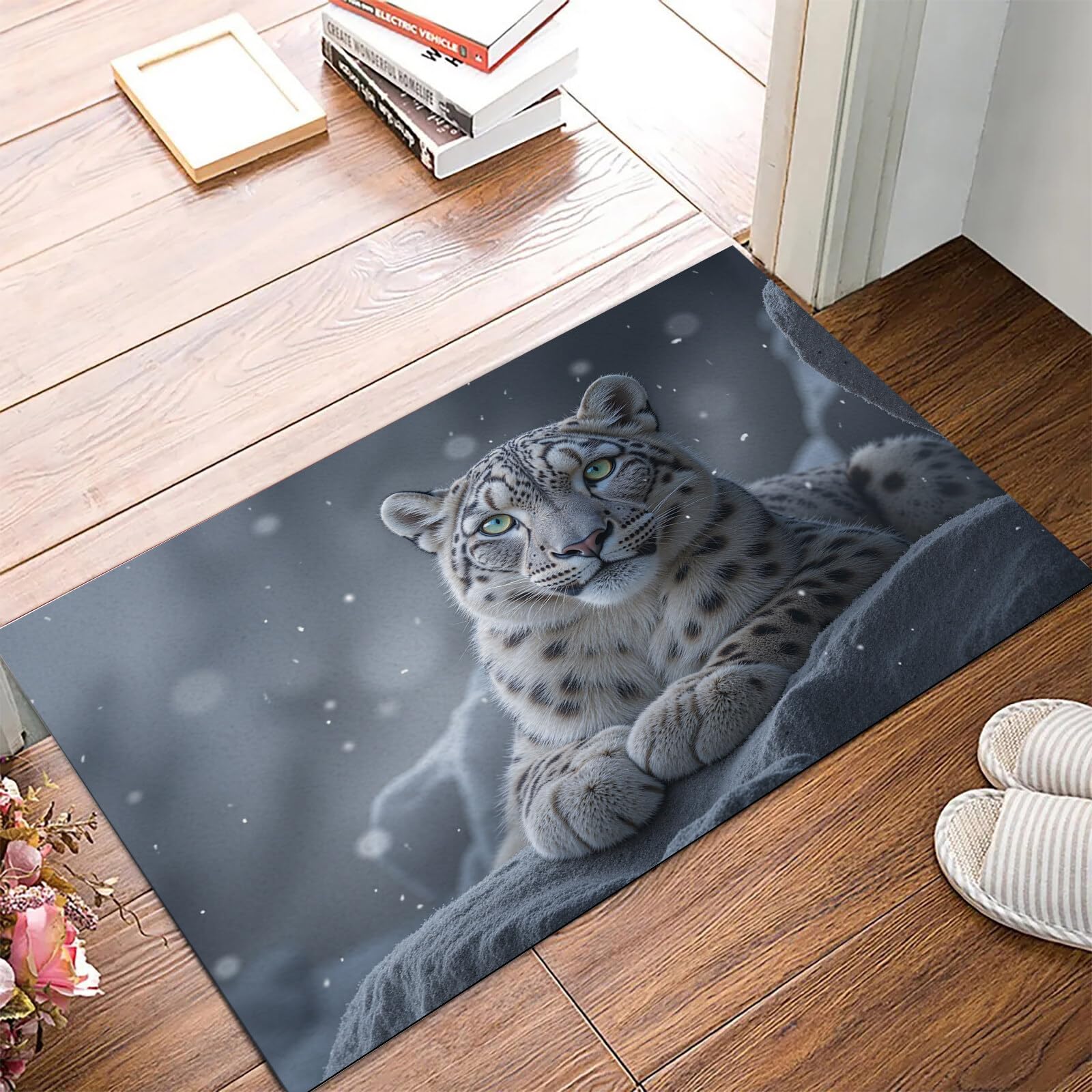 Tapete Blanco Grisáceo Leopardo De Las Nieves De Roca Puerta Felpudo De Entrada Exterior Atrapar Suciedad Alfombra Animales Realistas Para Interior Jardines Cocina Pasillo Trasera Delantera,90X150Cm
