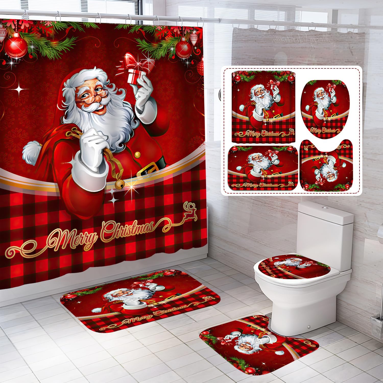 4Pcs Christmas Shower Curtain Set,Bathroom Sets with Shower