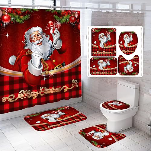 Juego de 4 cortinas de ducha de Navidad, juegos de baño con cortina de ducha, alfombras, cubierta de tapa de inodoroalfombrilla de baño, juego de