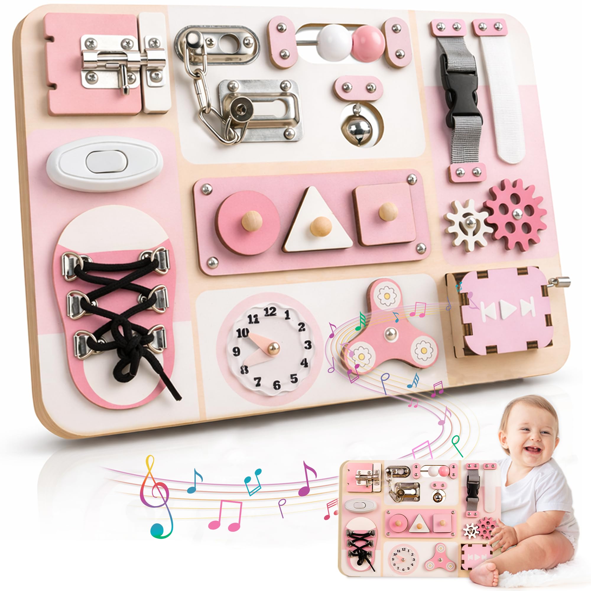 KALOTOYS Montessori Busy Board for Baby & Toddlers 1-3 | Wooden Sensory Activity Board with 13 Activities, Real Metal Locks & Latches | Fine Motor Skills Educational Toy for 1 2 3 Year Old