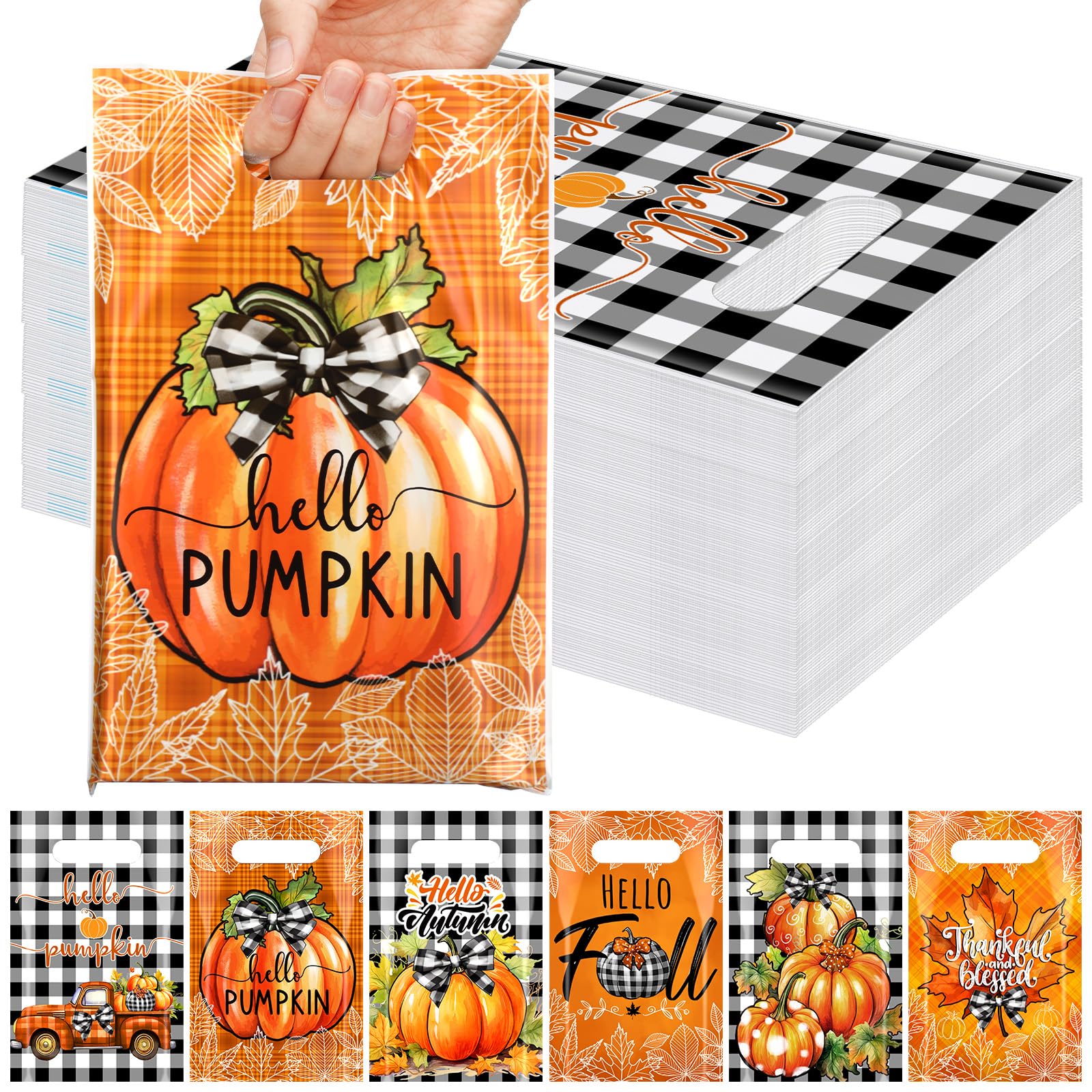 Kolldenn 120 Pcs Fall Plastic Gift Bags Pumpkin Maple Leaves Religious Chestnut treat Bags with Handles Bulk Thanksgiving Autumn Goodie Candy Container for Harvest Party Favor Supplies(Pumpkin) โ image 1