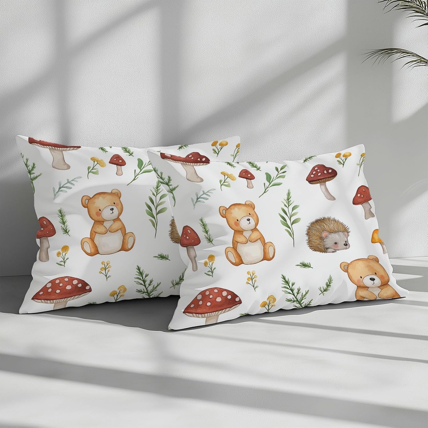 Bedding Set Cartoon Forest Bear Mushroom Hedgehog Breathable Comforter Cover for Boys Girls Teens,Reversible Duvet Cover Kids White Bed Set Room Decor Full Size 80x90 inch (No Comforter)
