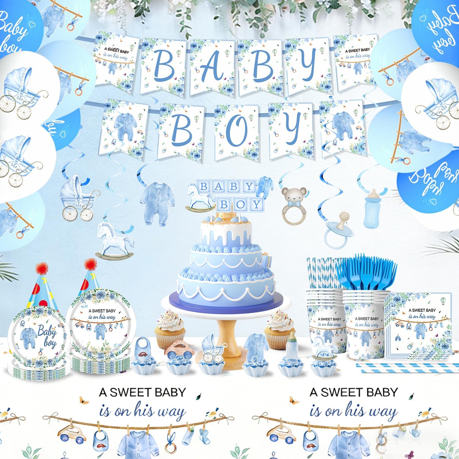 220 Pcs Baby Shower Decorations for Boy Serve 25 Guest - Blue Theme All-in-One Party Supplies Kit with Plates, Cups, Napkins, Forks, Straws, Banner, Tablecloth (220 pcs blue)