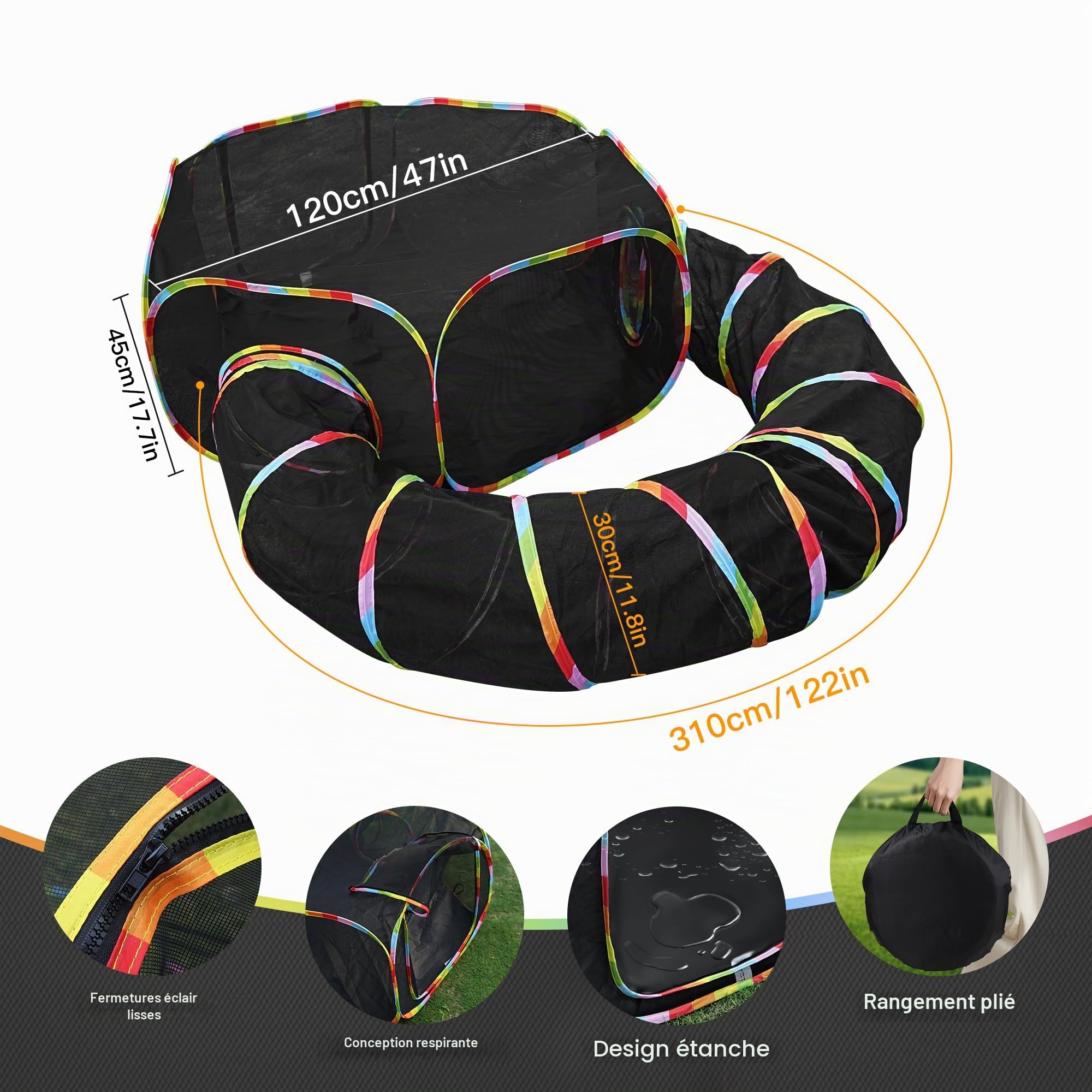Tunnel d'extérieur pour chat et tente de jeu, couleur arc-en-ciel, clôture en maille avec tunnel de connexion