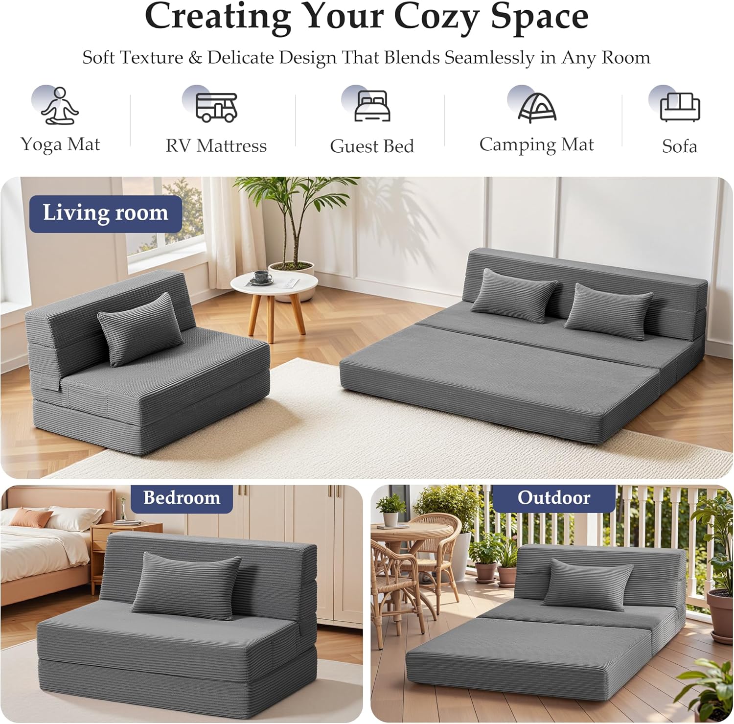 Youzi Folding Sofa Bed Convertible Sleeper Chair with Pillow, 4-in-1 Foldable Mattress Futon Couch Bed to Lounge Chair for Living Room, Bedroom, Dorm & Guest, Washable Cover, Dark Gray, Single