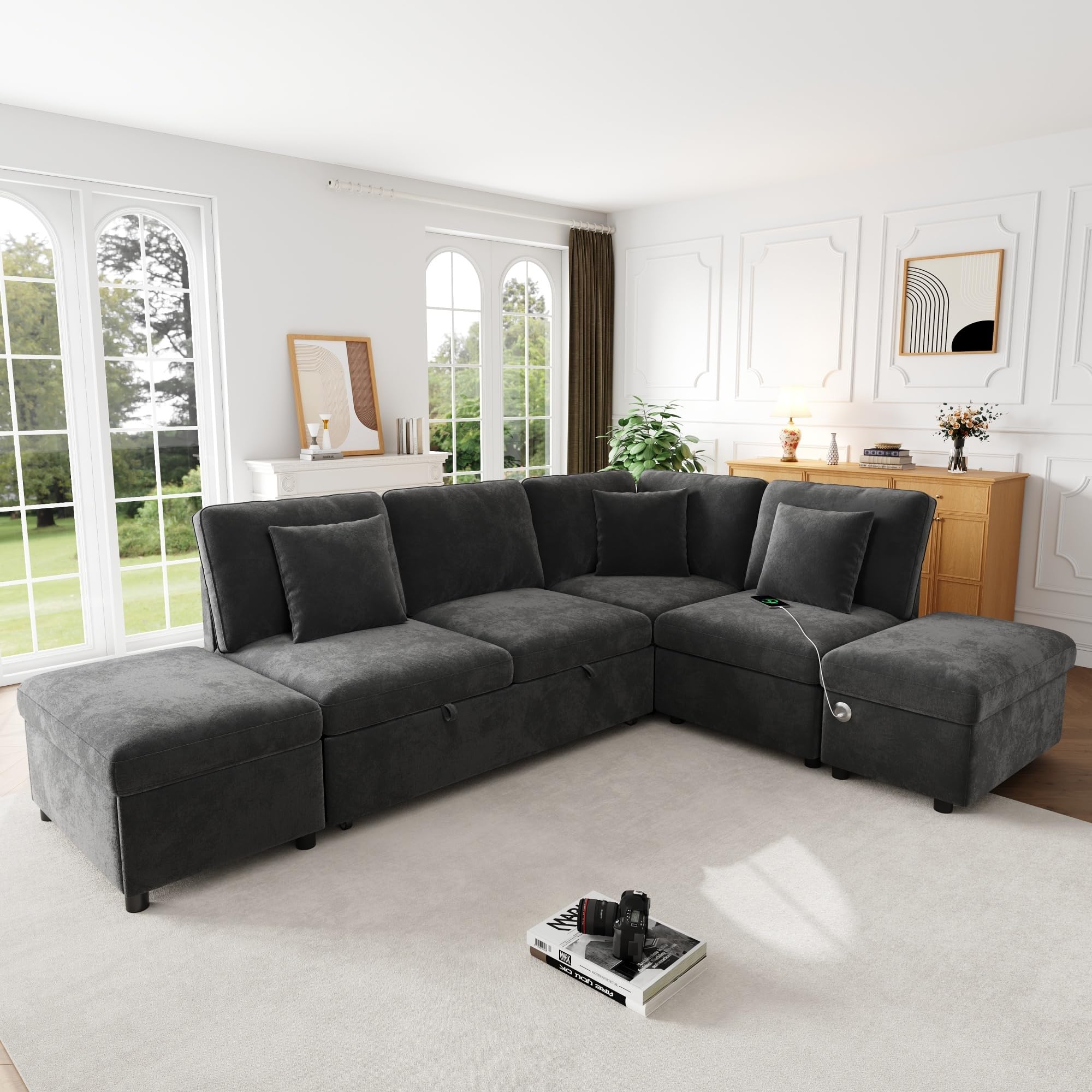 Canapé d'angle 6 Places Forme L Modulable RéVersible Gauche Droite, Fonction Convertible Lit Gigogne, Pouf De Rangement Amovible, Ports USB Type C, 3 Coussins Fournis