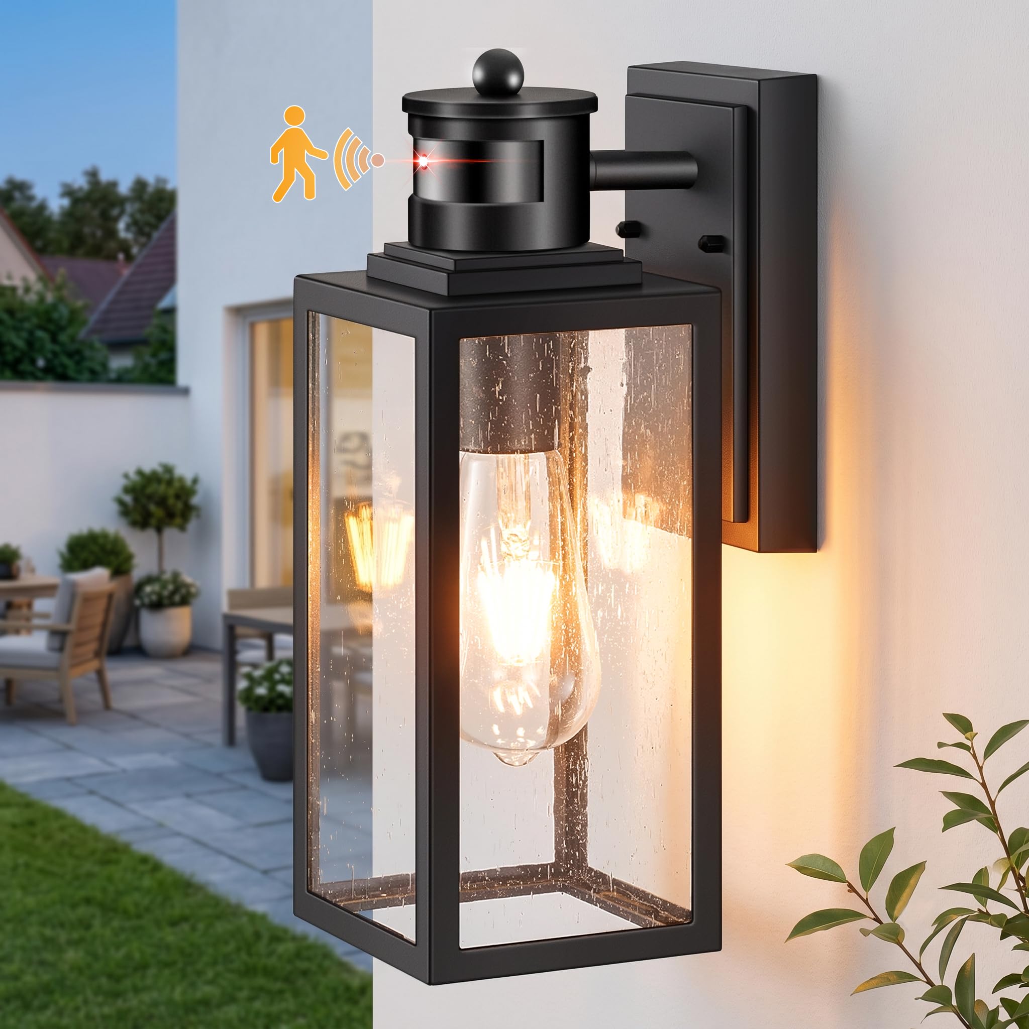 VIANIS Außenleuchte mit Bewegungsmelder, Modern PIR Aussenlampe Wand für Häuser, E27 Wandleuchte Schwarz mit Seed-Glas, Wasserdichte Außenbeleuchtung aus Aluminium, Außenlampe Eingangsleuchte für Flur