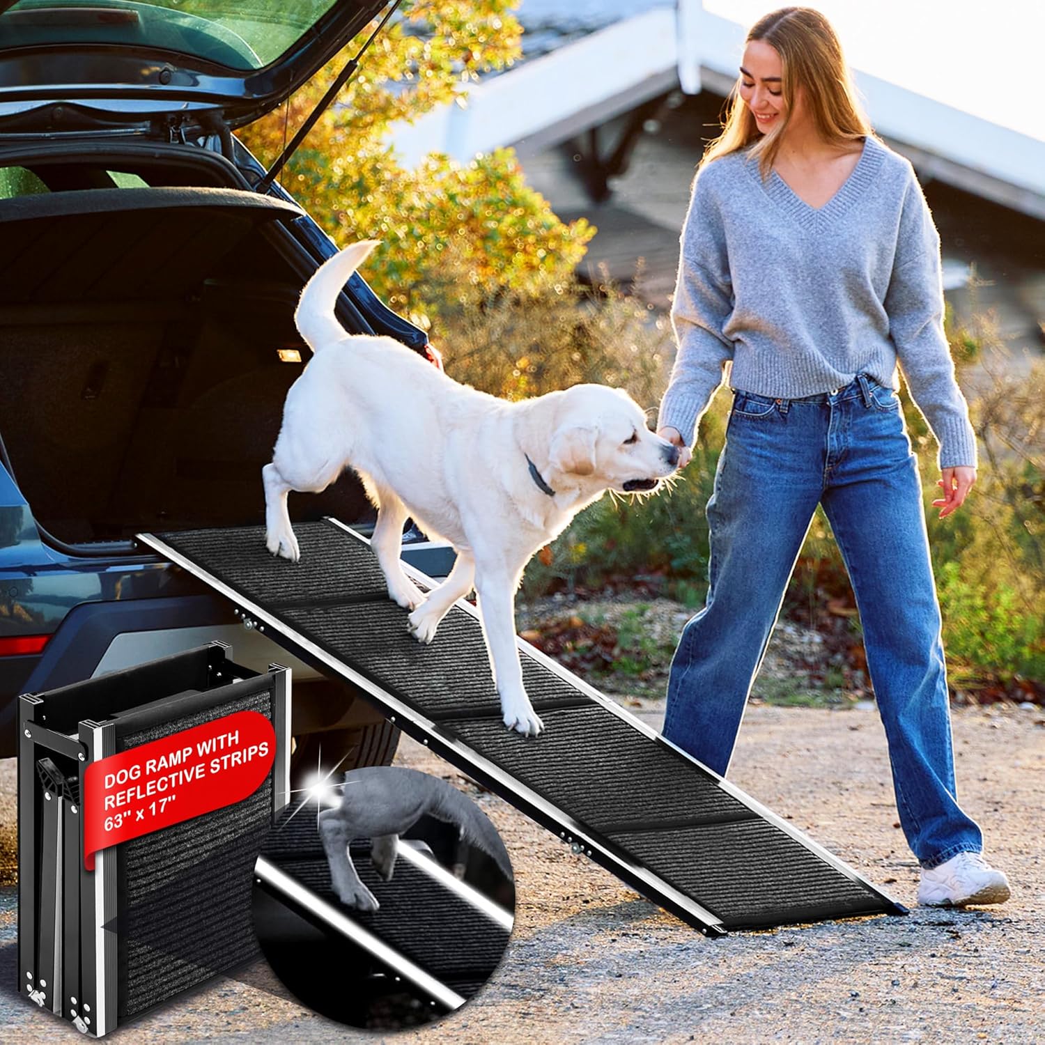 Canine Ramp for Automobile, SUV & Truck – Extensive Folding Ramp for Giant Canine – Non-Slip Rug Floor – Reflective Strips, Moveable with Carrying Bag – 63″ Lengthy x 17″ Extensive – Helps as much as 200 lbs