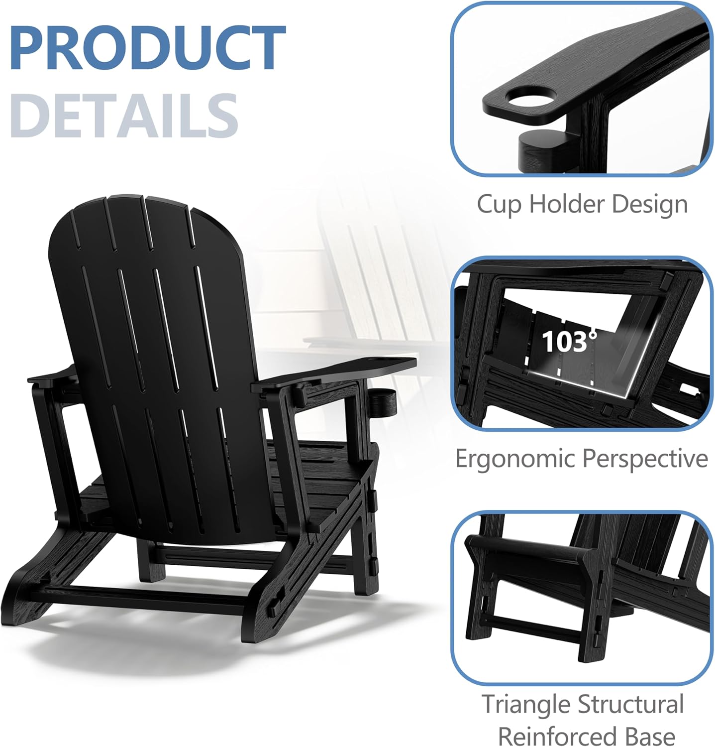 Shintenchi Adirondack Chair Set of 2,HDPE Adirondack Chairs with Umbrella Hole Connecting Tray & 2 Curved Ottoman,Plastic Outdoor Chairs with Cup Holders for Garden Backyard Pool,Black