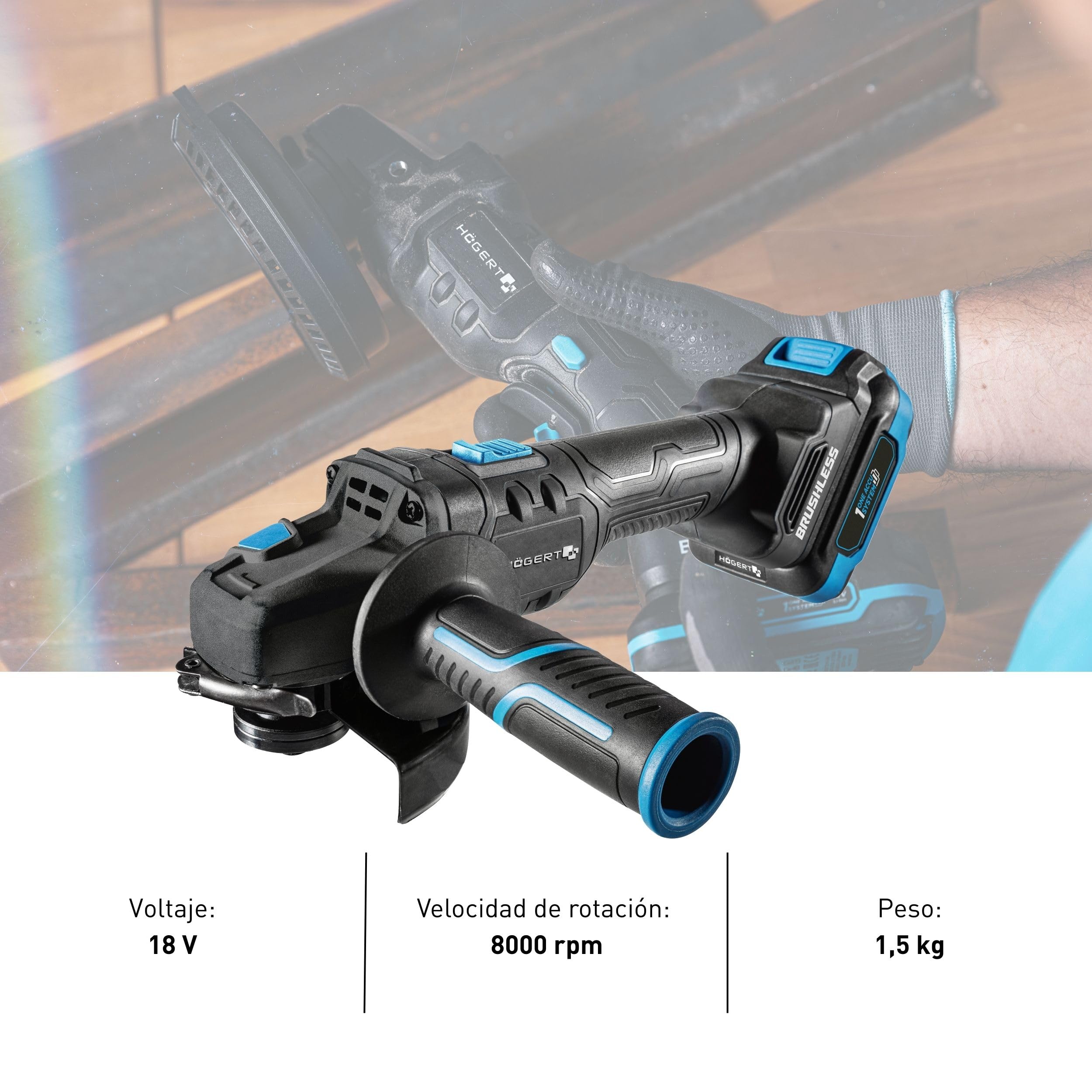 HÖGERT TECHNIK - Juego de herramientas eléctricas a batería 18 V Taladro percutor Martillo perforador SDS+ Amoladora angular 125 mm 2 baterías de 4 Ah Cargador de 4 A Juego de herramientas
