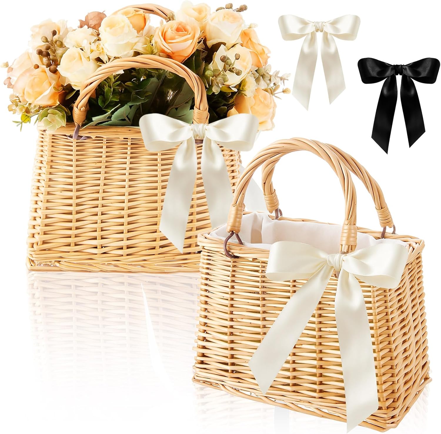 Taiyin 2 Pcs Handwoven Wicker Basket Purse Flower Baskets Rectangular Rattan Woven Handbags with Handle White and Black Ribbons Wicker Straw Beach Bag for Women Summer Wedding