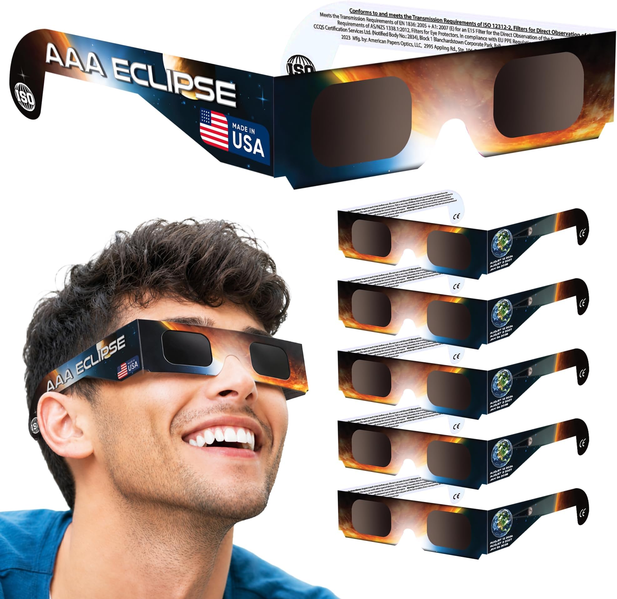 [6 PACK Solar Eclipse Glasses - AAS Approved 2026 - Made in USA - ISO Certified 12312-2 & CE Certified Lunette Eclipse Solaire