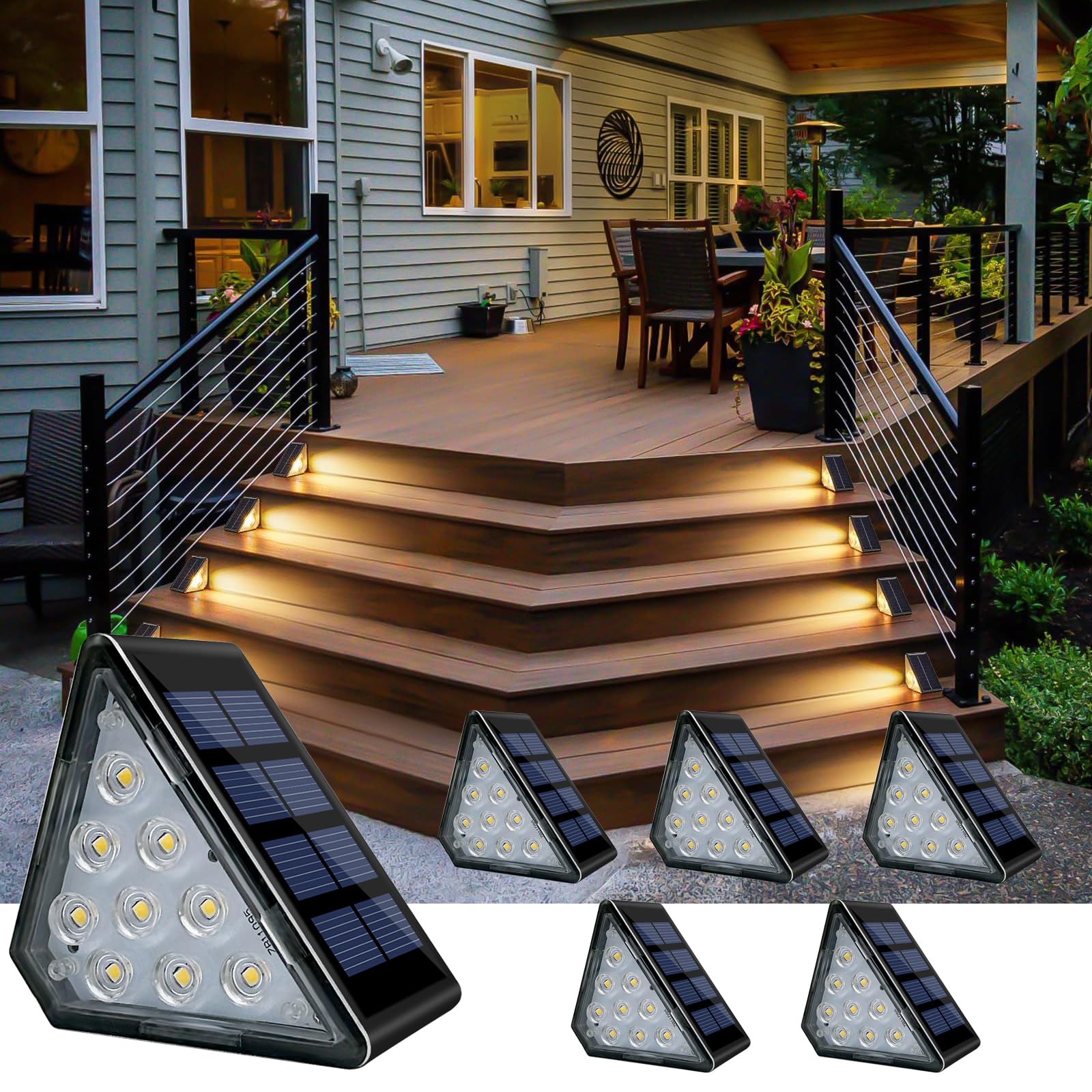 Solar Step Lights, Stair Fence Triangle Lights IP67 Outdoor Waterproof LED Deck Light for Garden Yard Patio, Porch, Front Door, Outside, Pathway, Warm White 6 Pack