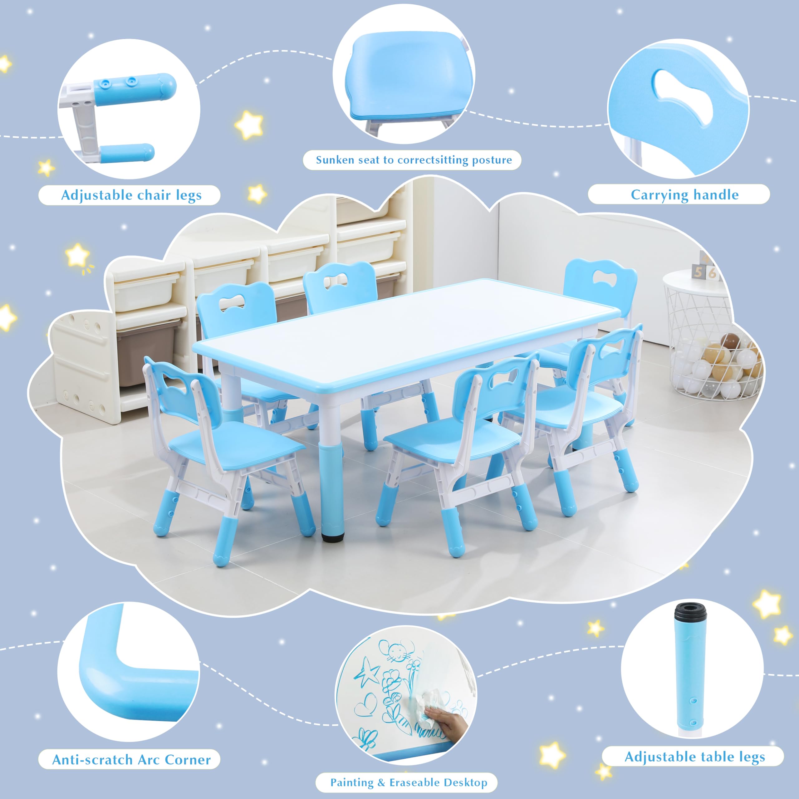 Kids Table and 6 Chairs Set with Graffiti Desktop, Toddler Furniture Set, Non-Slip, Table Children Study Desk, Dining Table, Height Adjustable Desk, Painting Desktop for Kids (47.2x23.6Inch)