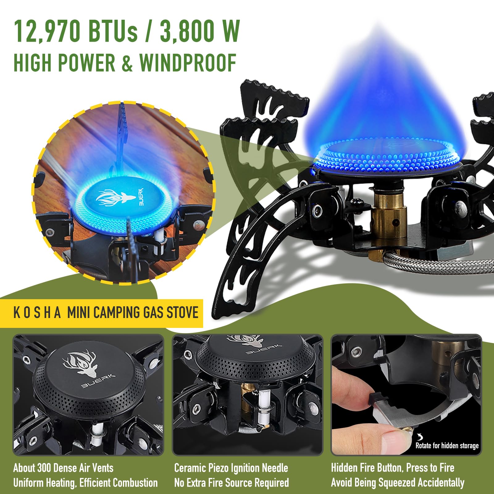 KOSHA Portable Camping Gas Stove, 12,970 BTUs Backpacking Stove with Piezo Ignition, Windproof Mini Camp Stove with Propane & Butane Adapter, Foldable Camp Equipment with Bag for Cooking