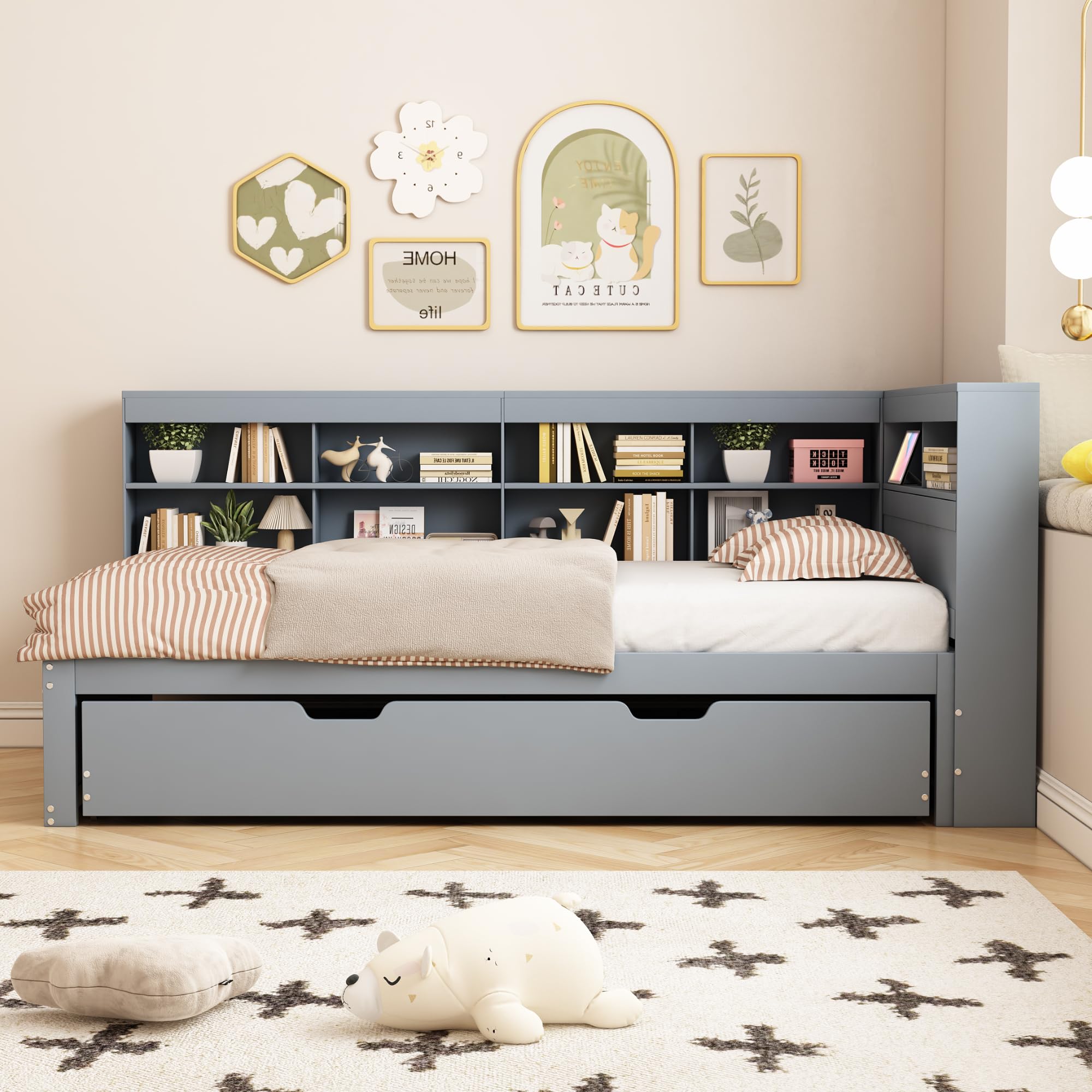 MYBOO Tagesbett Schlafsofa 90x200 cm, Holz Multifunktionsbett mit Ausziehbarem Bett 90x190 cm, USB-Steckdose und Mehreren Ablagefächern, Einzelbett Massivholzbett mit Lattenrost, Ohne Matratze, Grau