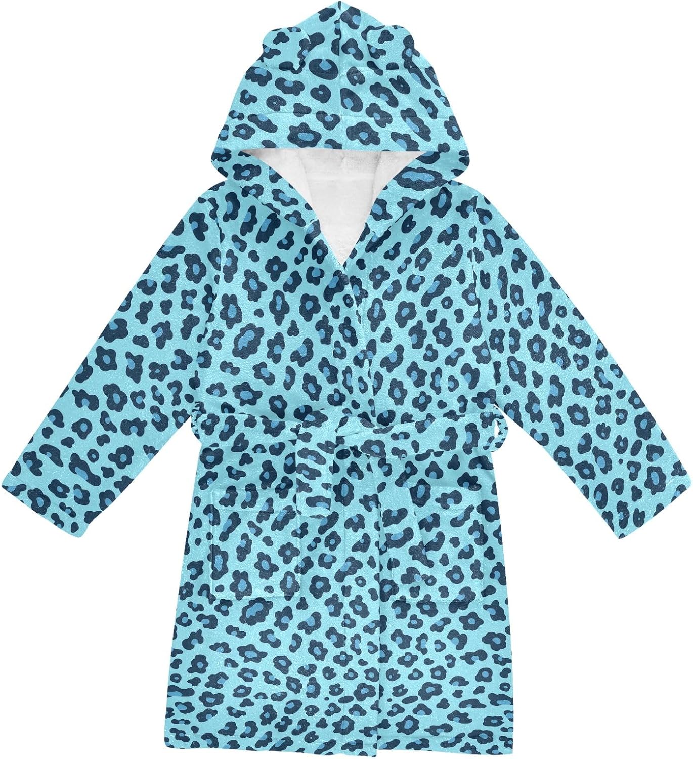 Leopard Blue Pattern Toddler Hooded Bathrobe for Boys Girls Soft Plush Bath Towel Robe 2-12 Years