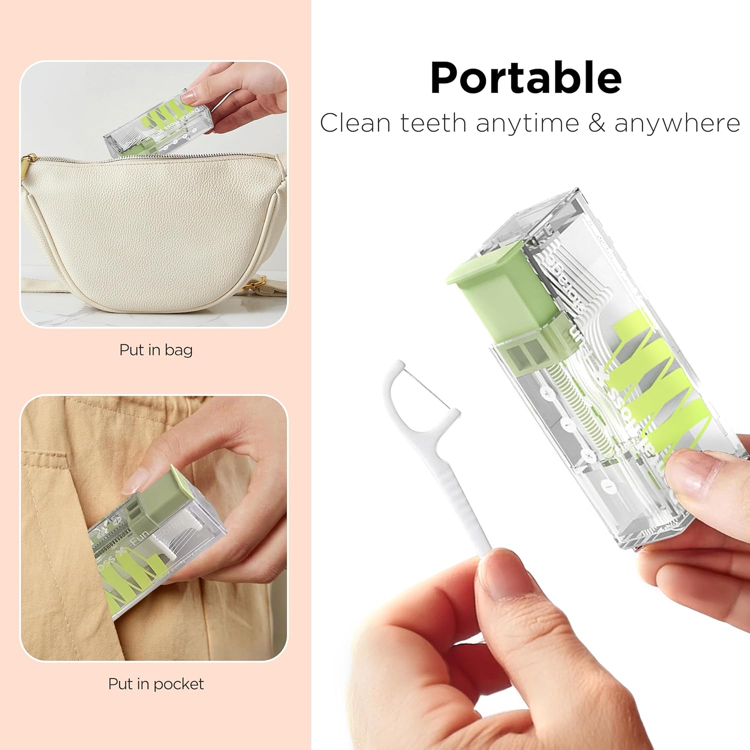 2 Pack Travel Floss Picks Case with 20 Count Disposable Flossers, Portable Floss Pick Holder, Automatic Toothpick Dispenser with Easy Use Teeth Cleaning Floss Sicks (2 Pack Green)