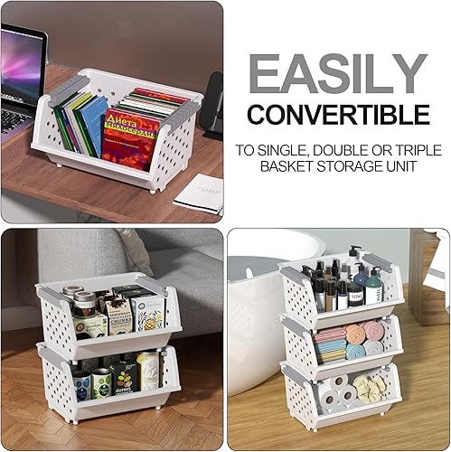 Miniatura 5 de Cestas de almacenamiento apilables de plástico de 3 niveles, cesta apilable para organizar alimentos, aperitivos, color blanco
