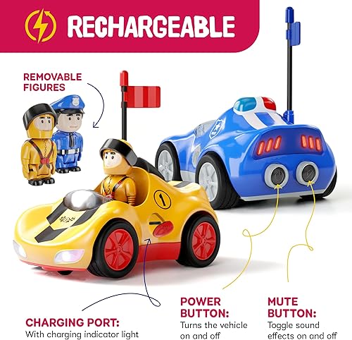 Miniatura 2 de Ninja Blast Coches recargables de dibujos animados a control remoto para niños pequeños, paquete de 2 autos RC de policía y carrera, juguetes para