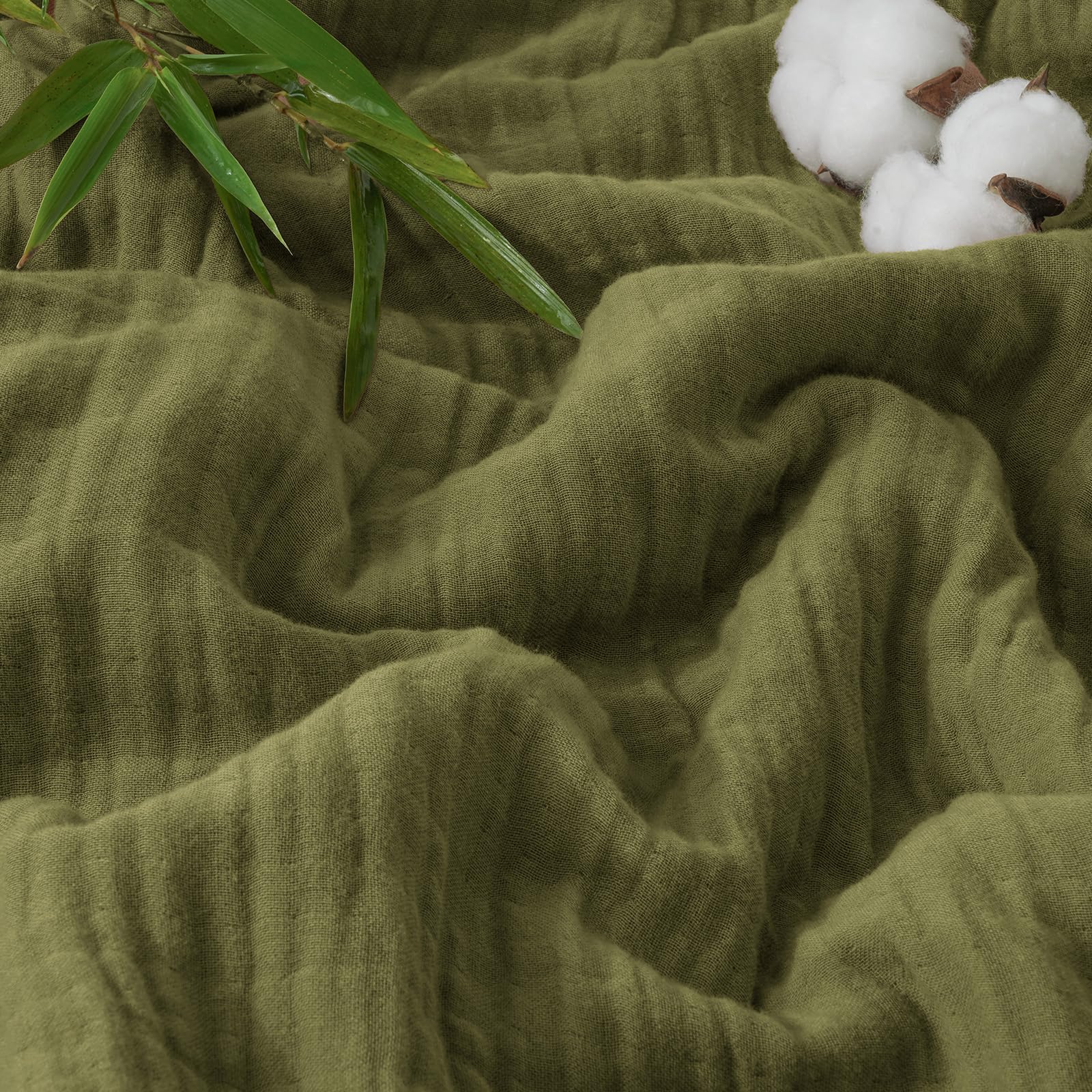phf cooling muslin throw blanket for hot sleepers, 60% viscose from bamboo, 40% cotton and 4-layer breathable gauze blanket for bed couch, 50"x60", olive green